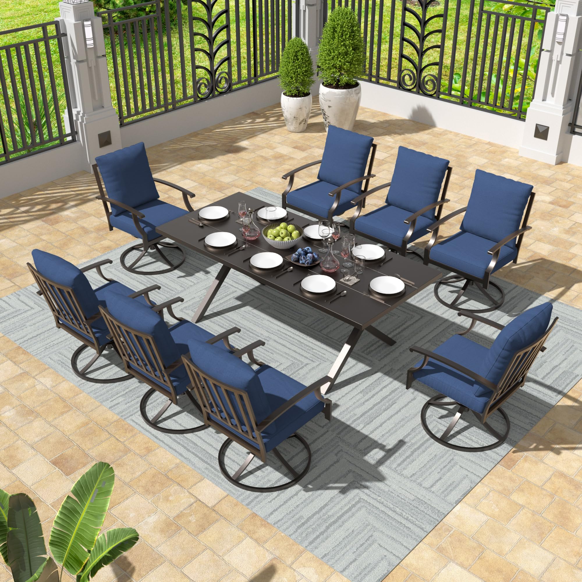 Gotland 9 Piece Outdoor Dining Set, Metal Outdoor Table and 8 Swivel Chairs , Patio Furniture Set with Waterproof Cushions, Patio Dining Sets for Backyard Deck