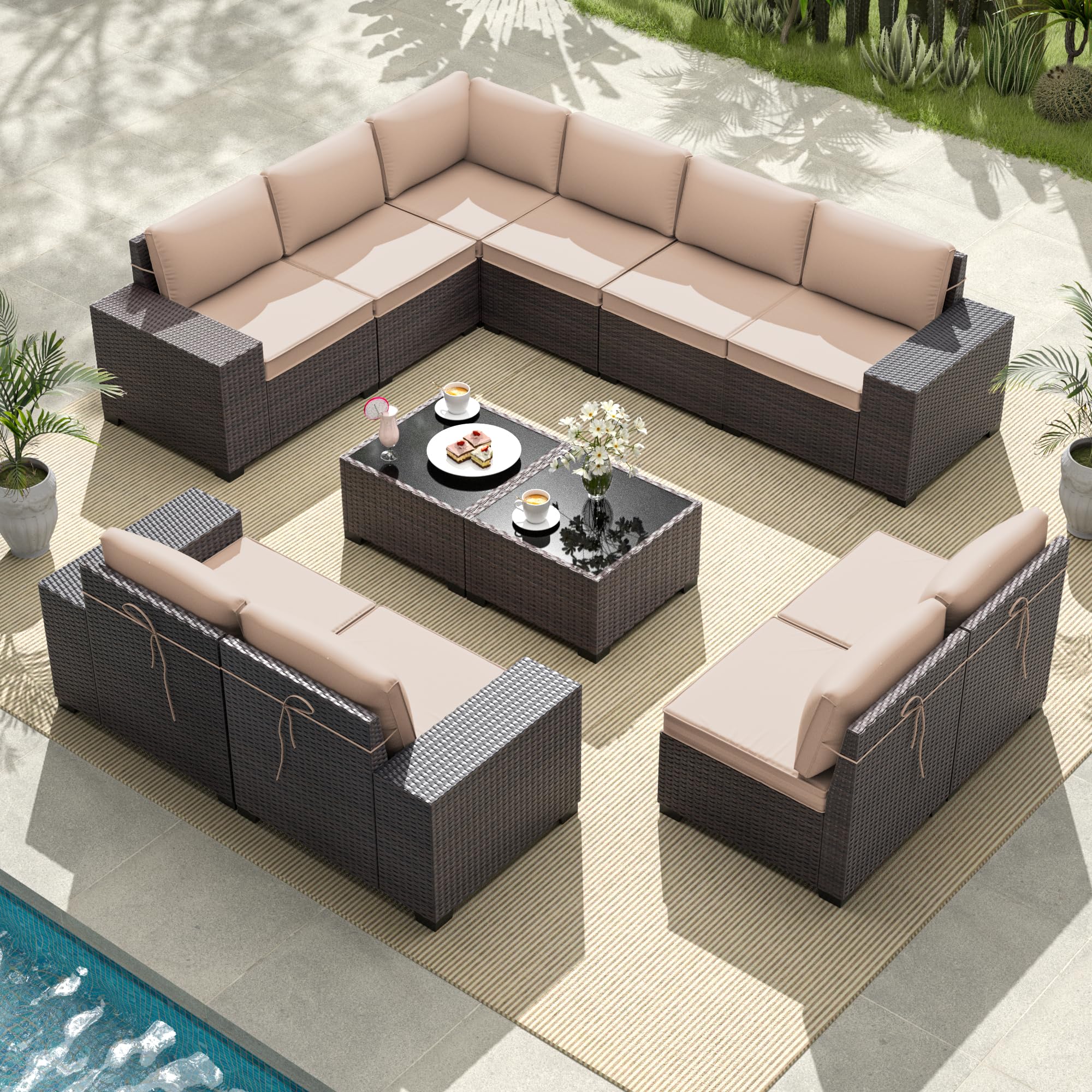 Gotland Outdoor Patio Furniture Sectional Conversation Set 12Pcs Rattan Wicker 10 Cushion Table
