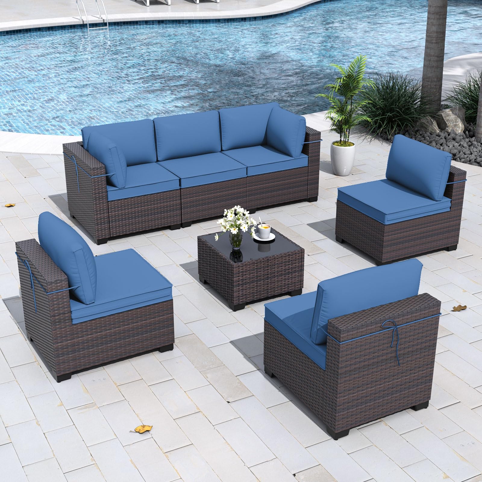 Gotland 7 Piece Outdoor Patio Furniture Sets, Outdoor Furniture Patio Sectional Sofa, All Weather Woven Wicker Patio Sofa Brown PE Rattan Patio Conversation Set