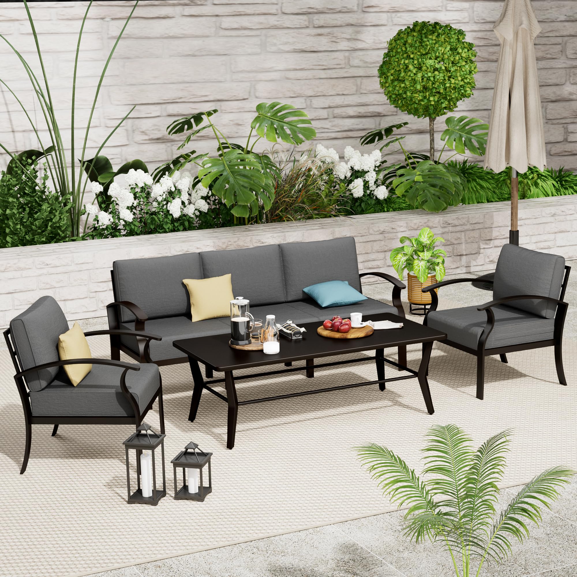 Kullavik Modern Aluminum 5-Seater Outdoor Patio Sofa Set with 5.1" Thick Cushions & Coffee Table - All-Weather Sectional for Backyard, Porch Furniture Set, Outdoor Patio Furniture