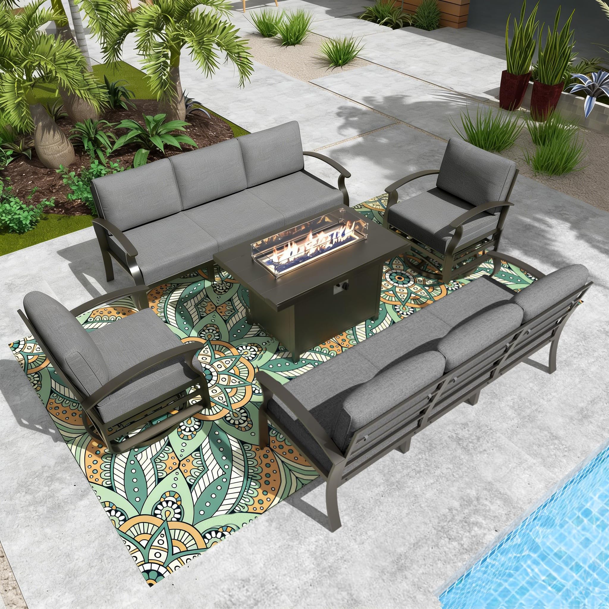 Gotland 8 Seats Outdoor Metal Patio Furniture Set with 2 Swivel Rocking Chairs&55,000 BTU Gas Fire Pit Table w/Glass Wind Guard Patio Conversation Sectional Sofa Sets
