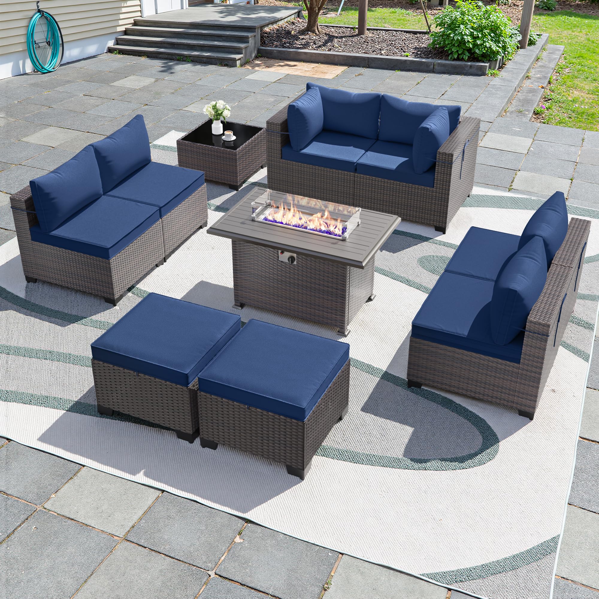 Gotland 13PCS Outdoor PE Rattan Wicker Patio Furniture Set with 43" Fire Pit Table & Swivel Rocking Chairs Set