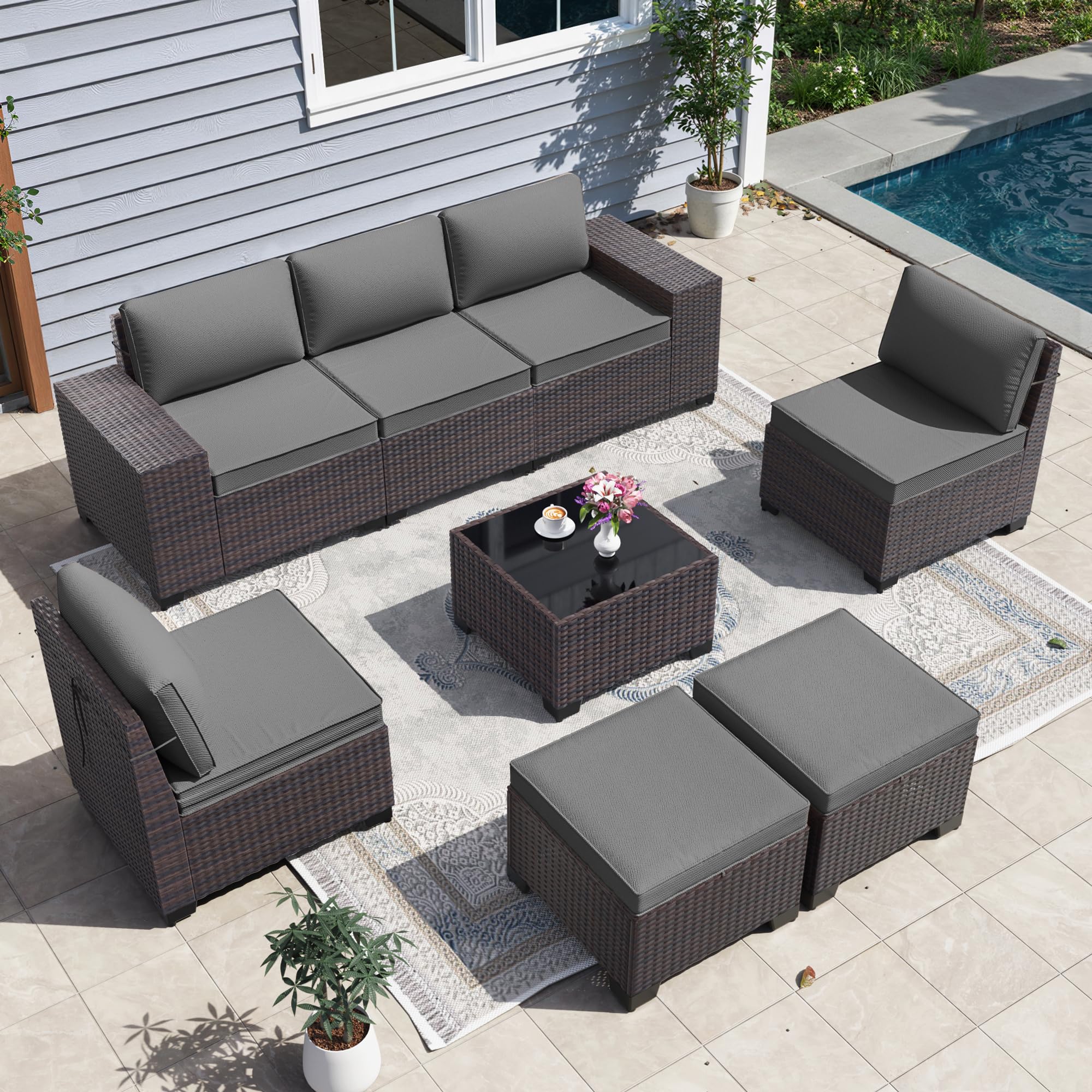 Gotland 8PCS Outdoor Patio Furniture Set, Outdoor Sectional Furniture All Weather PE Rattan Wicker Patio Conversation Set with 2 Ottomans and Coffee Table