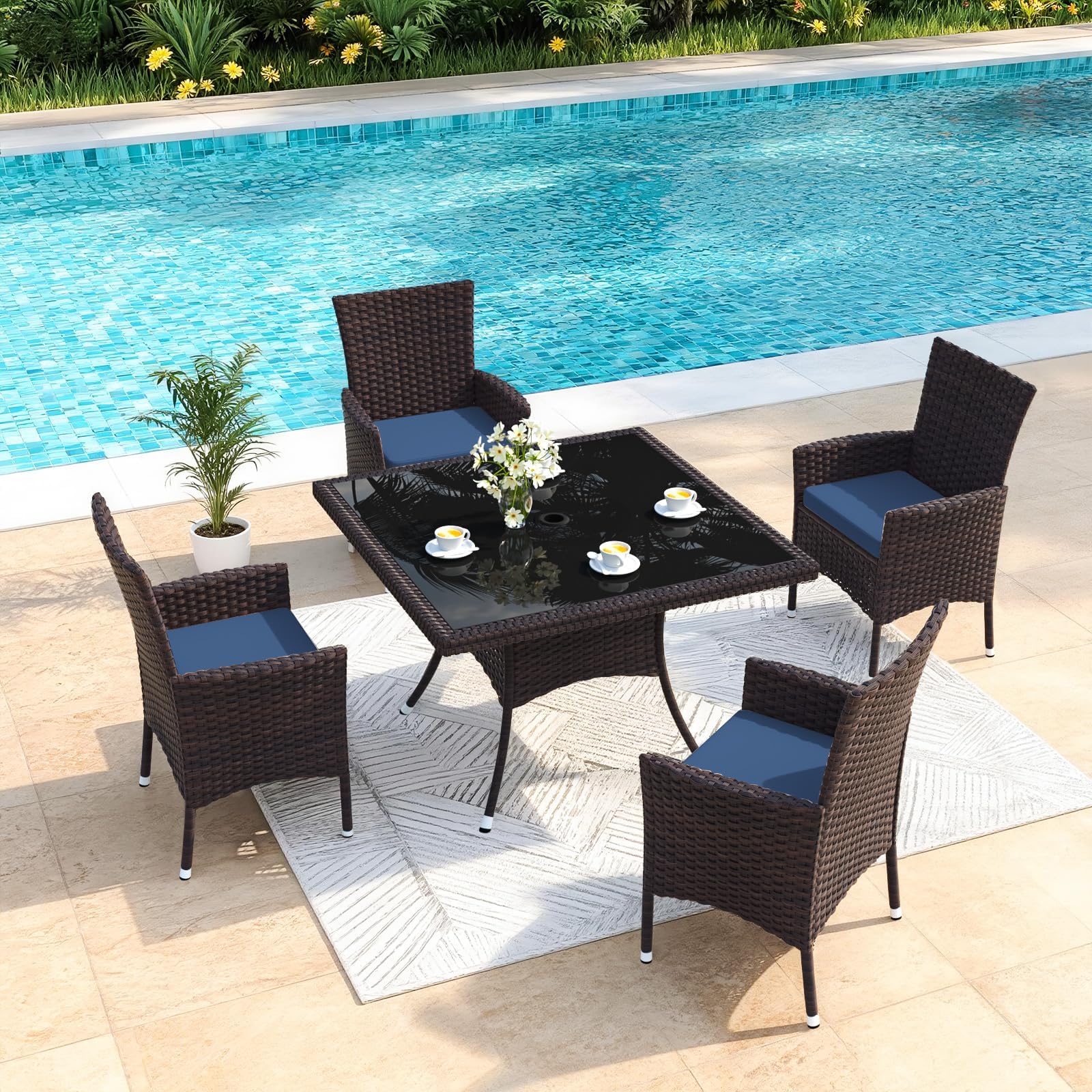 Kullavik 5-Piece Patio Outdoor Dining Set, Wicker Patio Furniture Set of 4 Rattan Chairs with Soft Cushions and Square Table with Umbrella Cutout