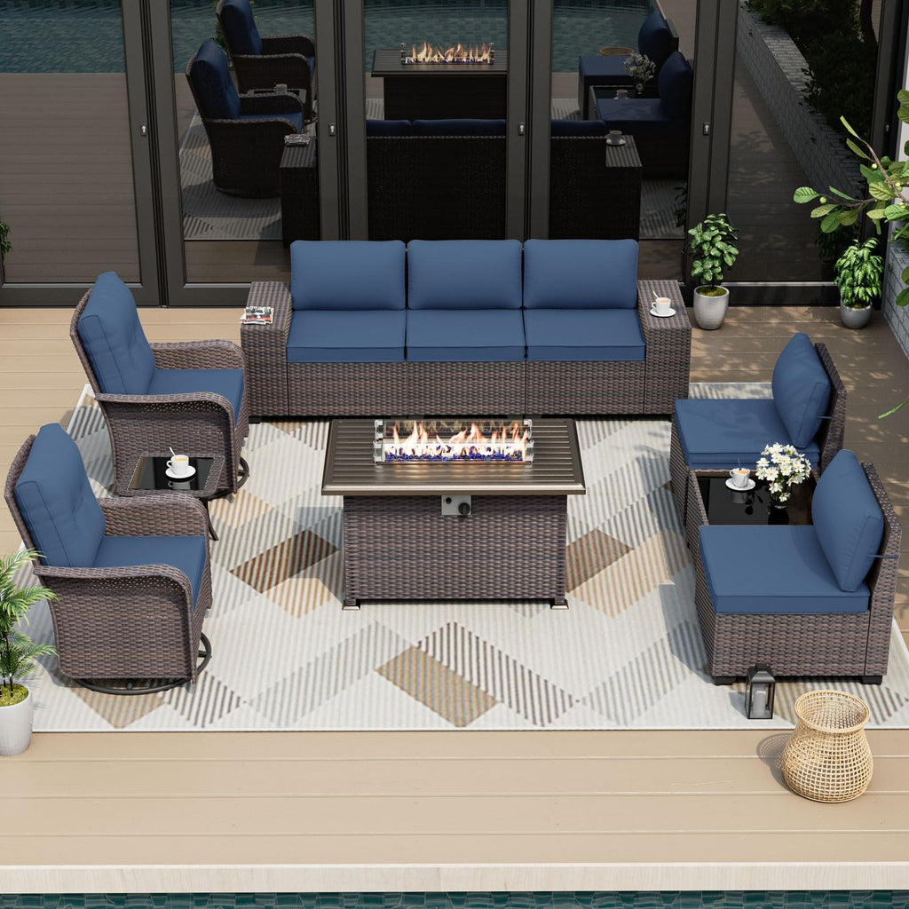 10PCS Outdoor Patio Furniture Set,PE Wicker Rattan Sectional Sofa Patio Conversation Sets with 43" 55000BTU Gas Propane Fire Pit Table,Swivel Rocking Chairs Set