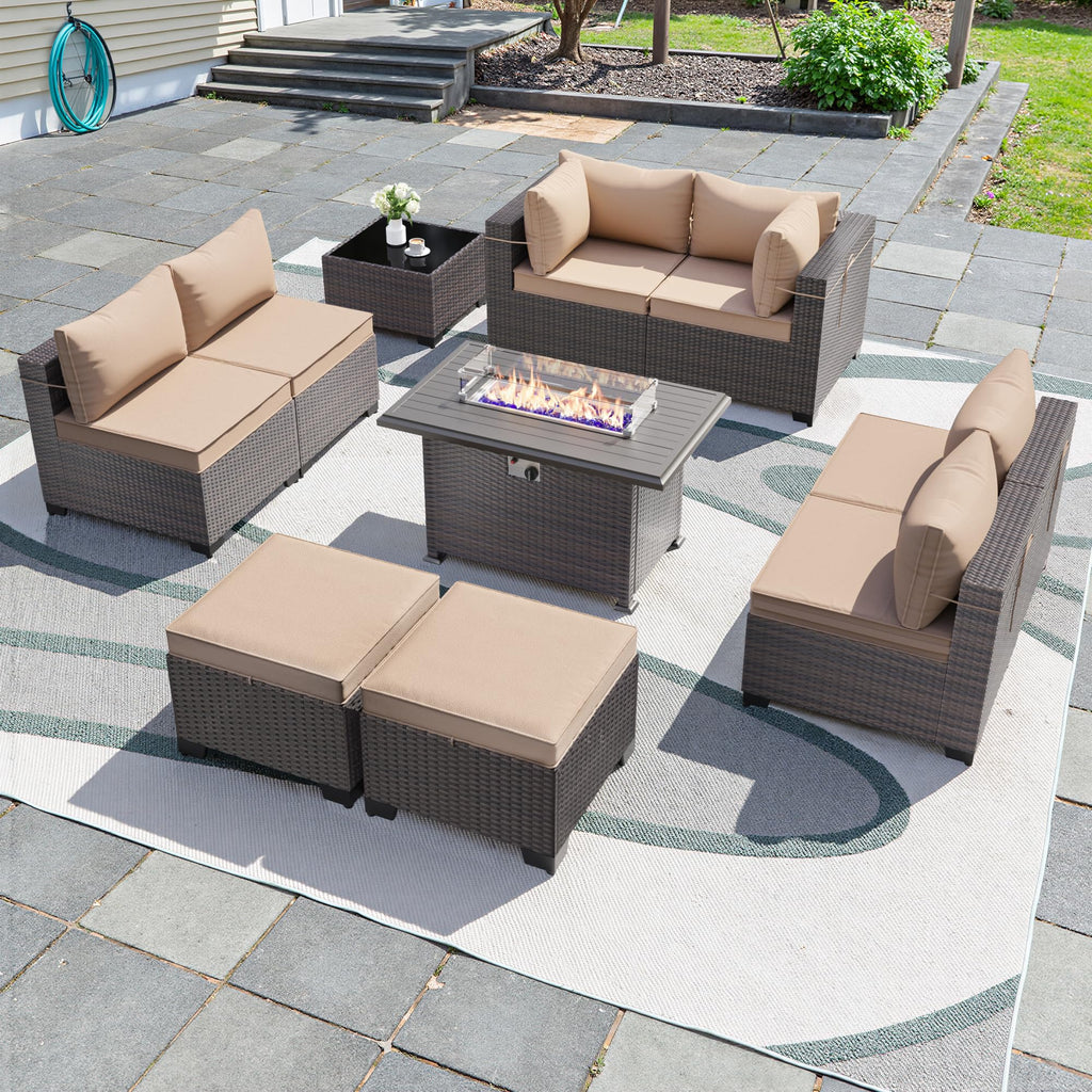 Gotland 10 Pieces Outdoor Patio Furniture Set, Outdoor Sectional Furniture with 43" 55000 BTU Gas Propane Fire Pit Table, All Weather PE Rattan Wicker Patio Conversation Set with 2 Ottomans