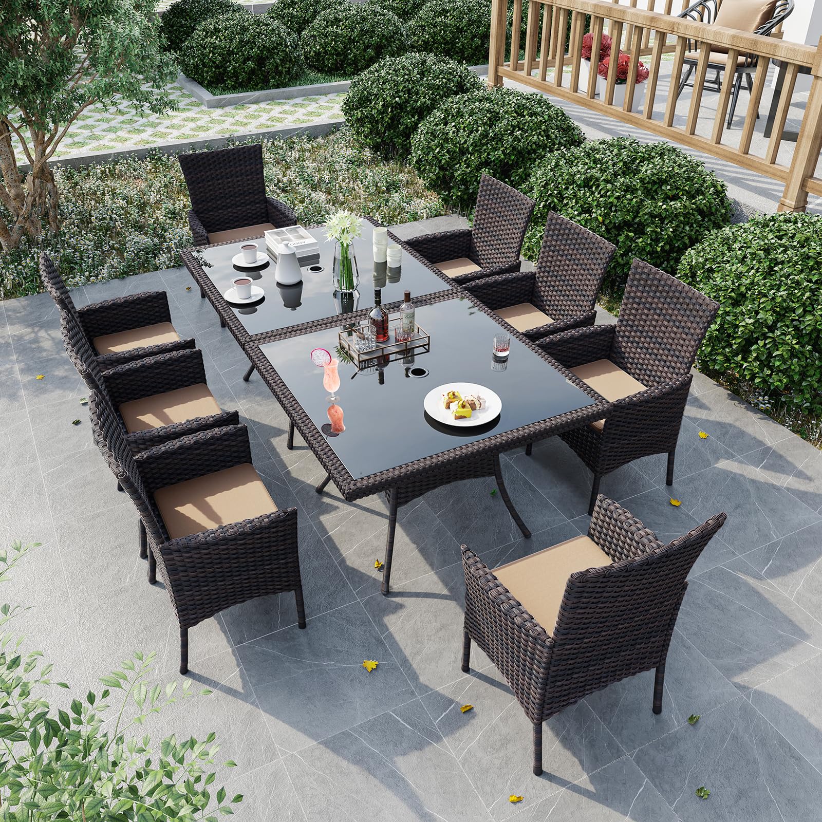 Gotland Outdoor Dining Table Set, Garden Patio Rattan Set with w/Tempered Glass Tabletop with Removable Cushions and Umbrella Cutout for Patio, Backyard