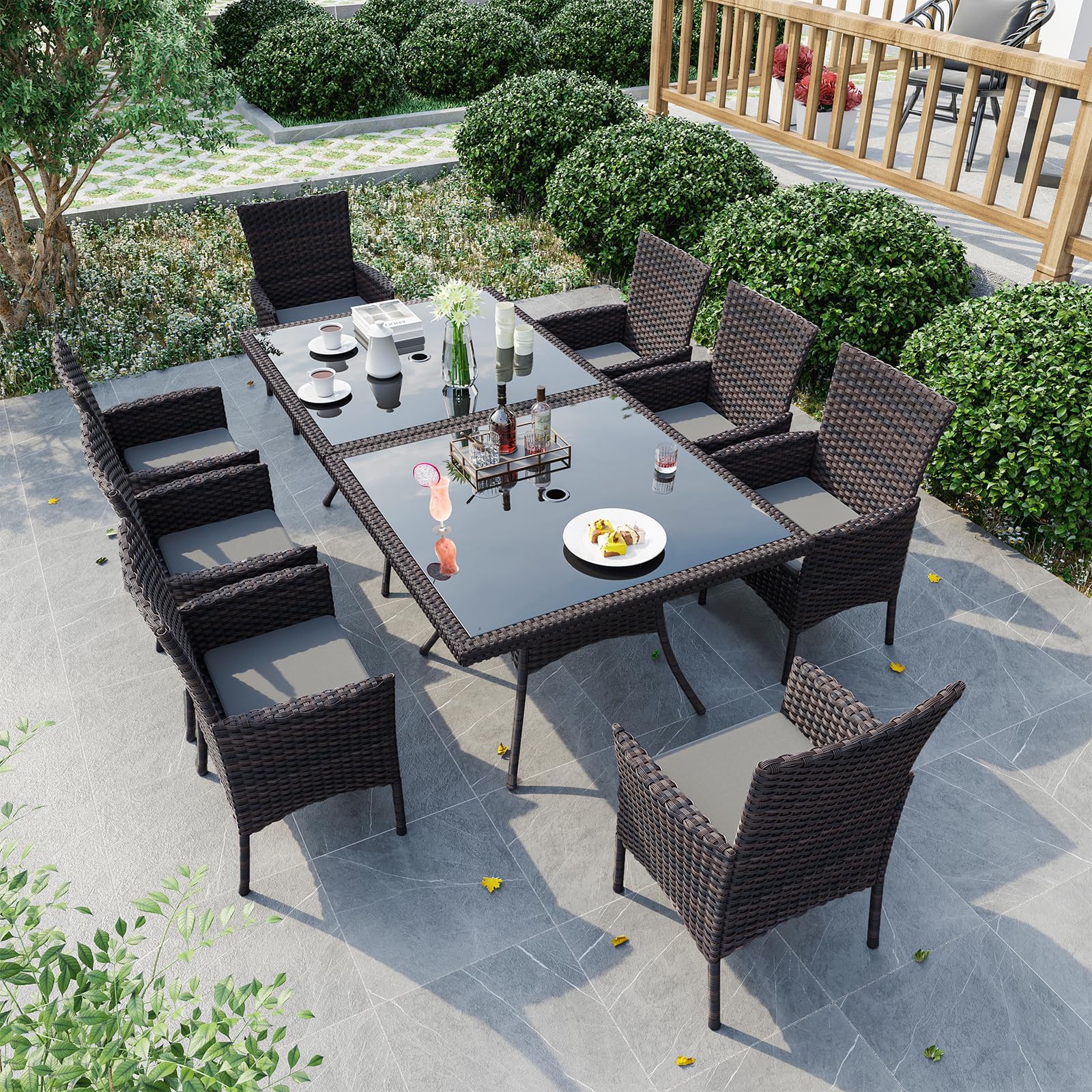 Gotland Outdoor Dining Table Set, Garden Patio Rattan Set with w/Tempered Glass Tabletop with Removable Cushions and Umbrella Cutout for Patio, Backyard