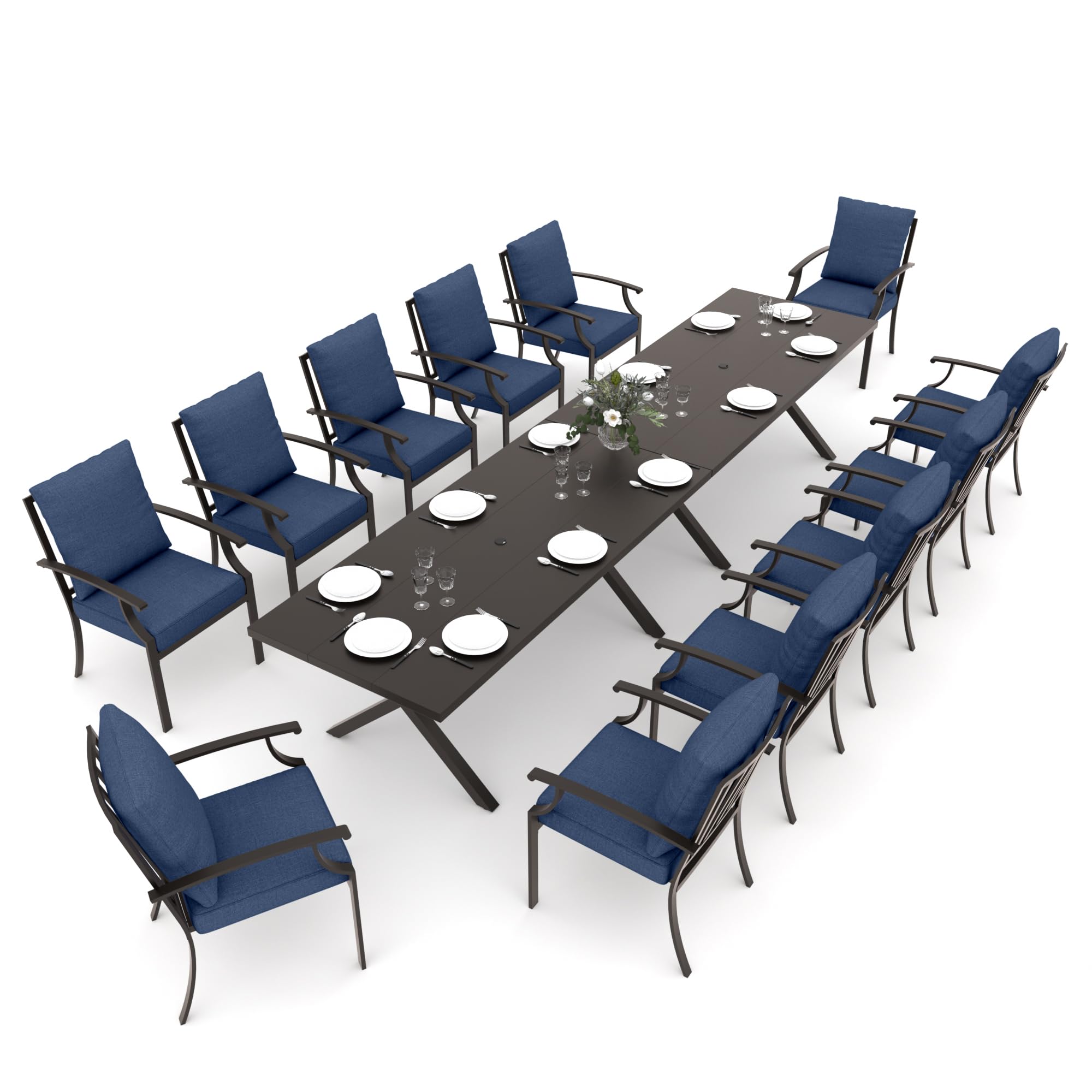 Gotland 14 Piece Outdoor Dining Set, Metal Outdoor Table and Chairs with X-Shaped Legs 1.5" Umbrella Hole, Patio Furniture Set with Waterproof Cushions,for Backyard Deck