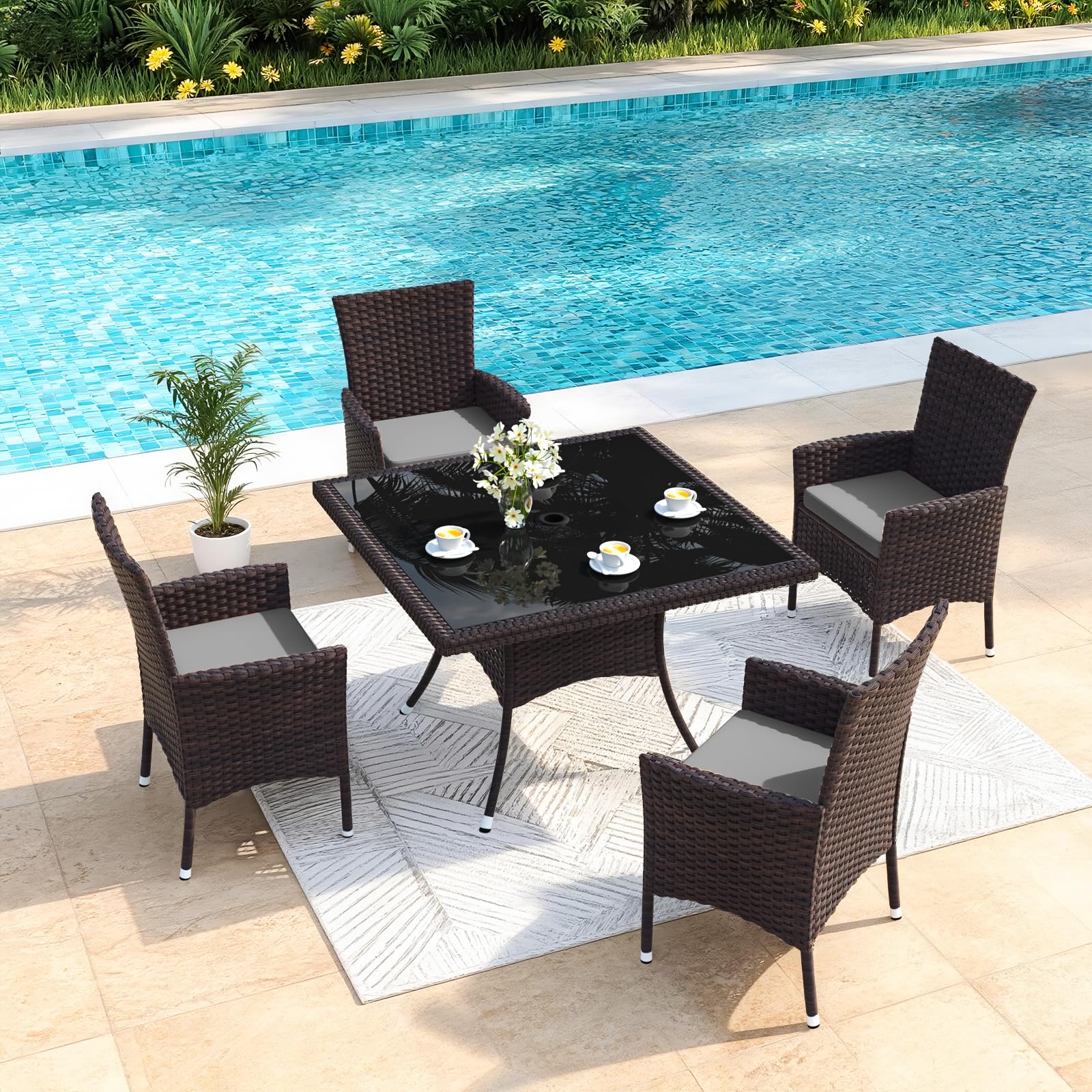 Kullavik 5-Piece Patio Outdoor Dining Set, Wicker Patio Furniture Set of 4 Rattan Chairs with Soft Cushions and Square Table with Umbrella Cutout