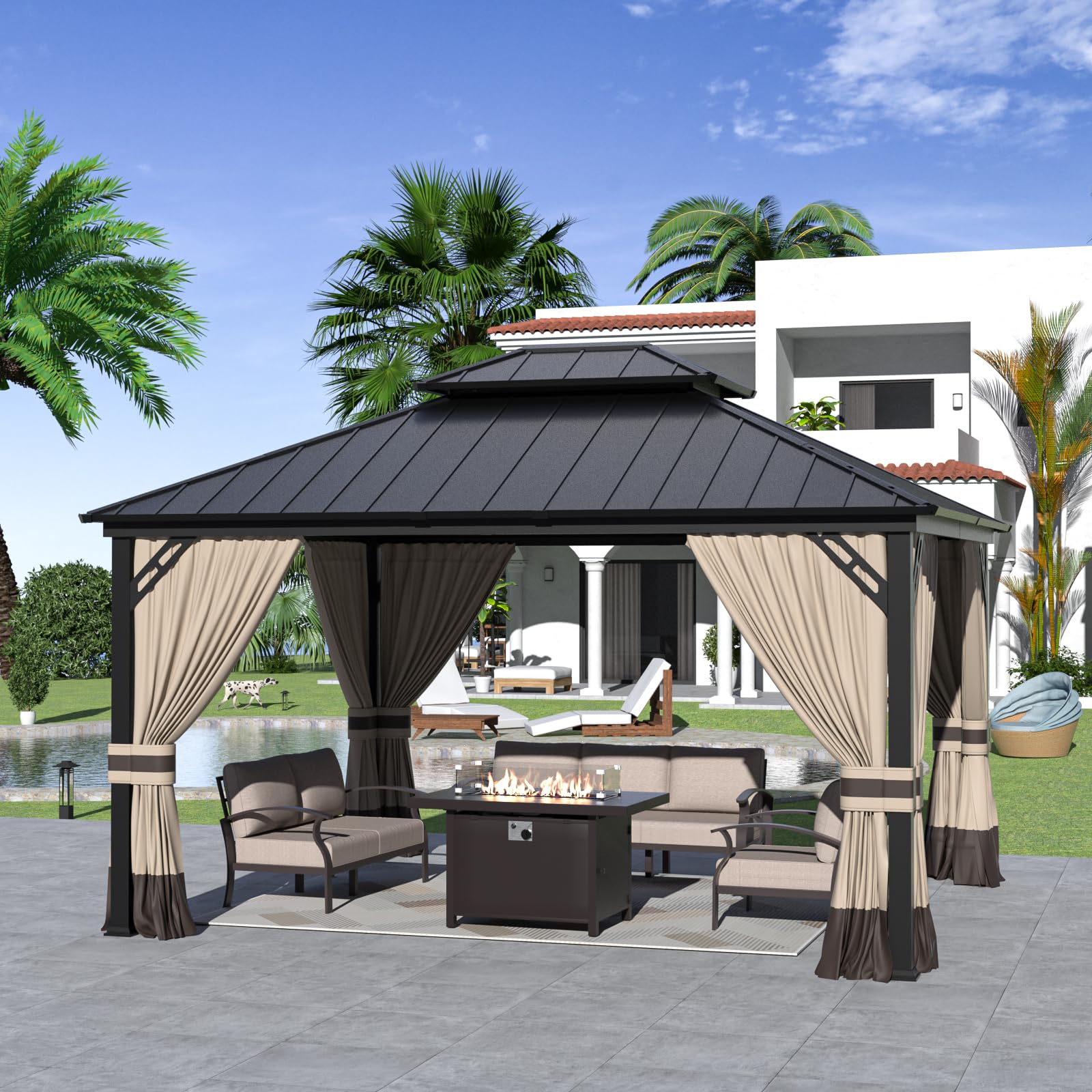 Gotland 12' x 14' Hardtop Gazebo, Outdoor Galvanized Steel Double-Roof Gazebo with Curtains and Netting for Patios, Gardens, and Lawns