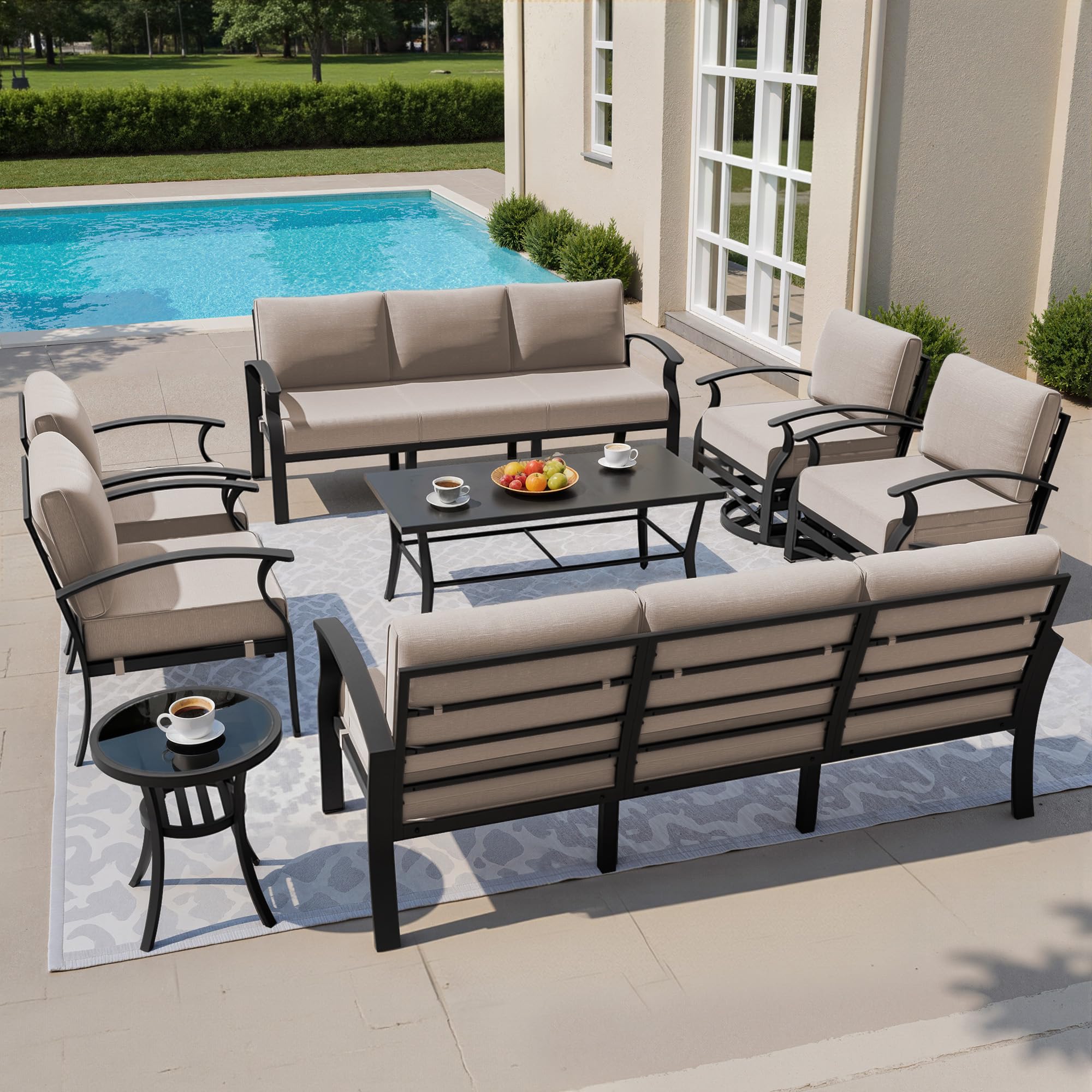 Gotland 10 PieceAluminum Patio Furniture Set,Modern Metal Outdoor Patio Furniture w/5.1'' Thick Cushion,Swivel Chairs and Rectangular Coffee Table,Patio Conversation Sets for Porch,Deck