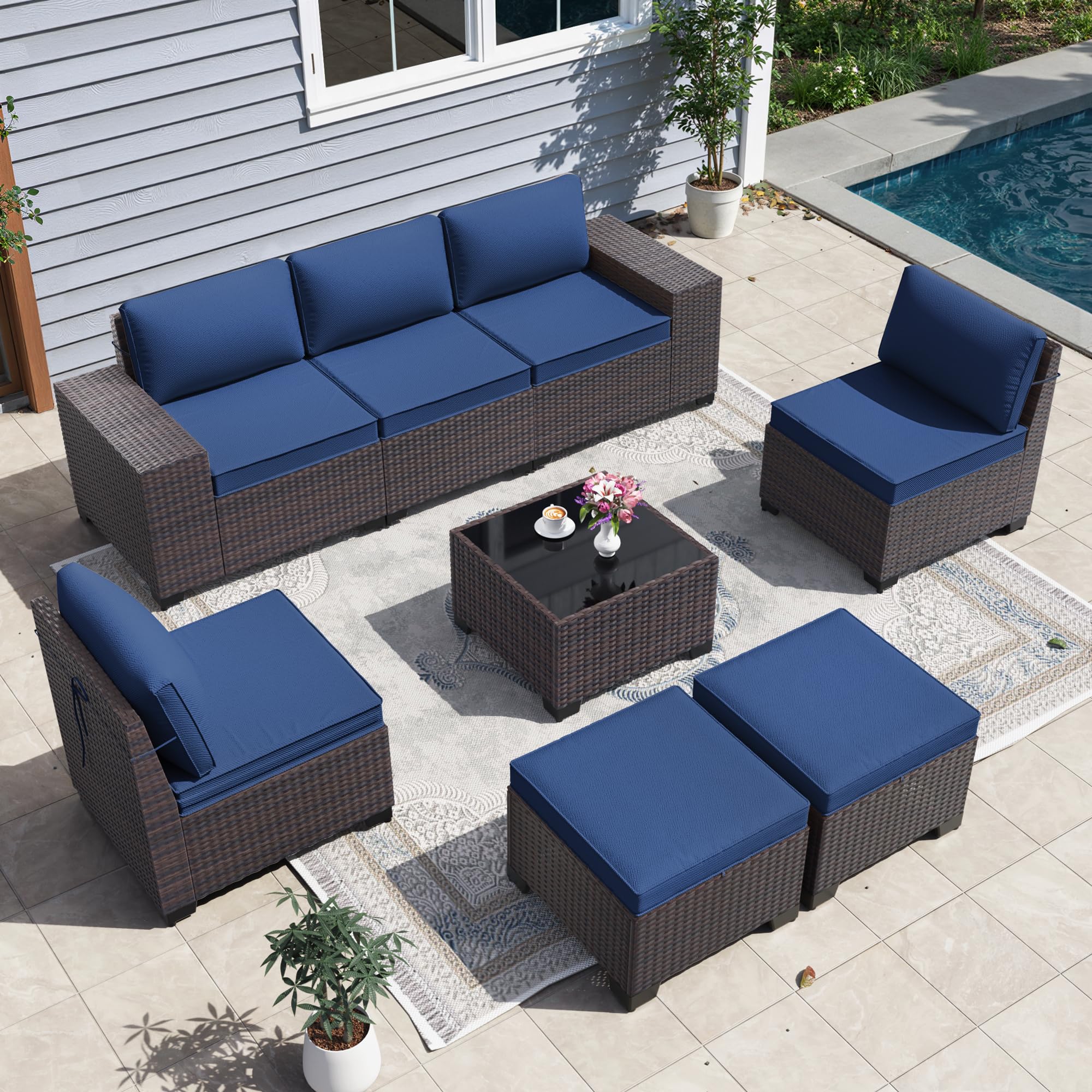 Gotland 8PCS Outdoor Patio Furniture Set, Outdoor Sectional Furniture All Weather PE Rattan Wicker Patio Conversation Set with 2 Ottomans and Coffee Table