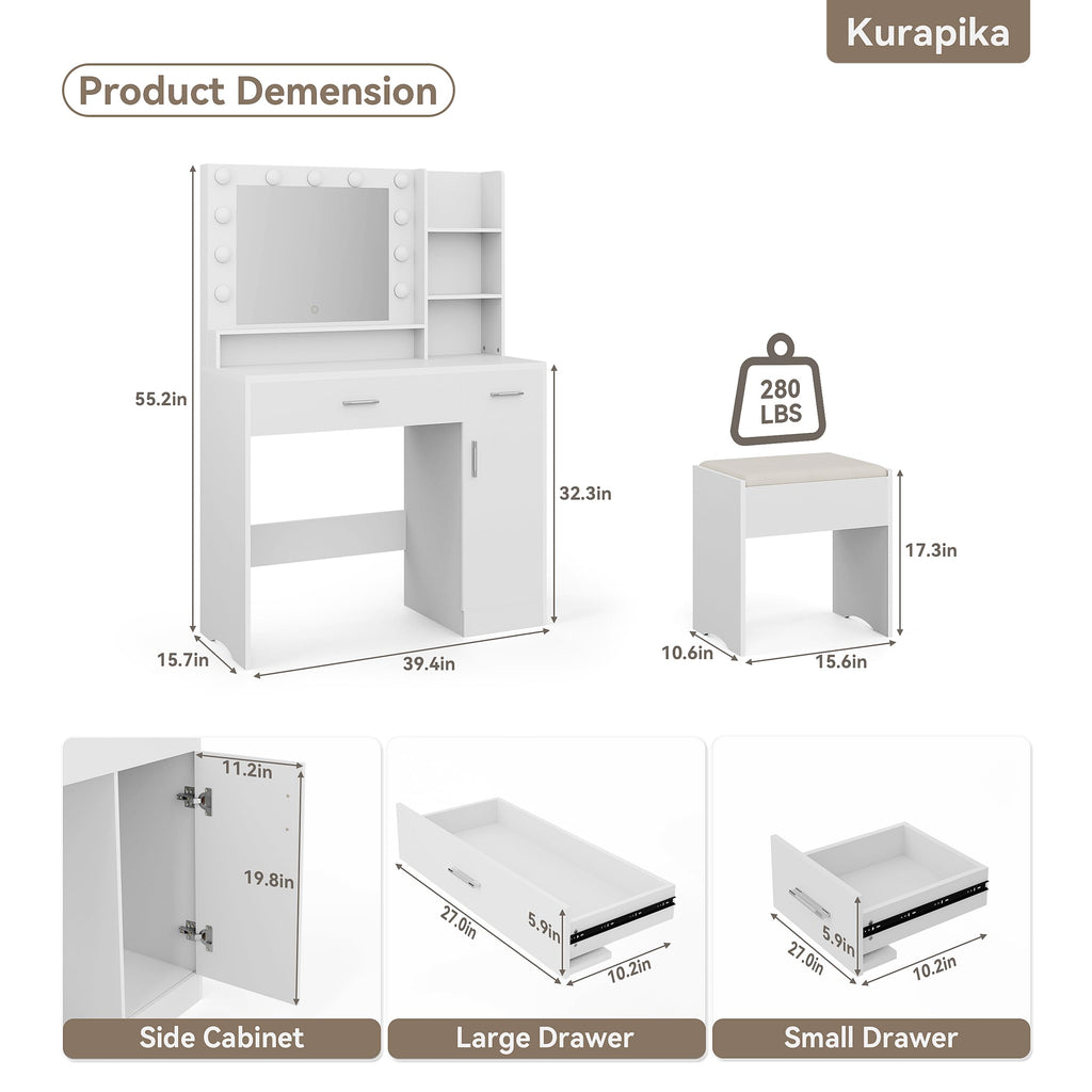 ALAULM 39.4" Vanity Mirror with Lights,Modern Lighted Vanity Table with 3 Drawers & 3 Storage Shelves,with White Vanity Chair,Three Adjustable Lighting Modes,Bedroom Vanity Desk,White
