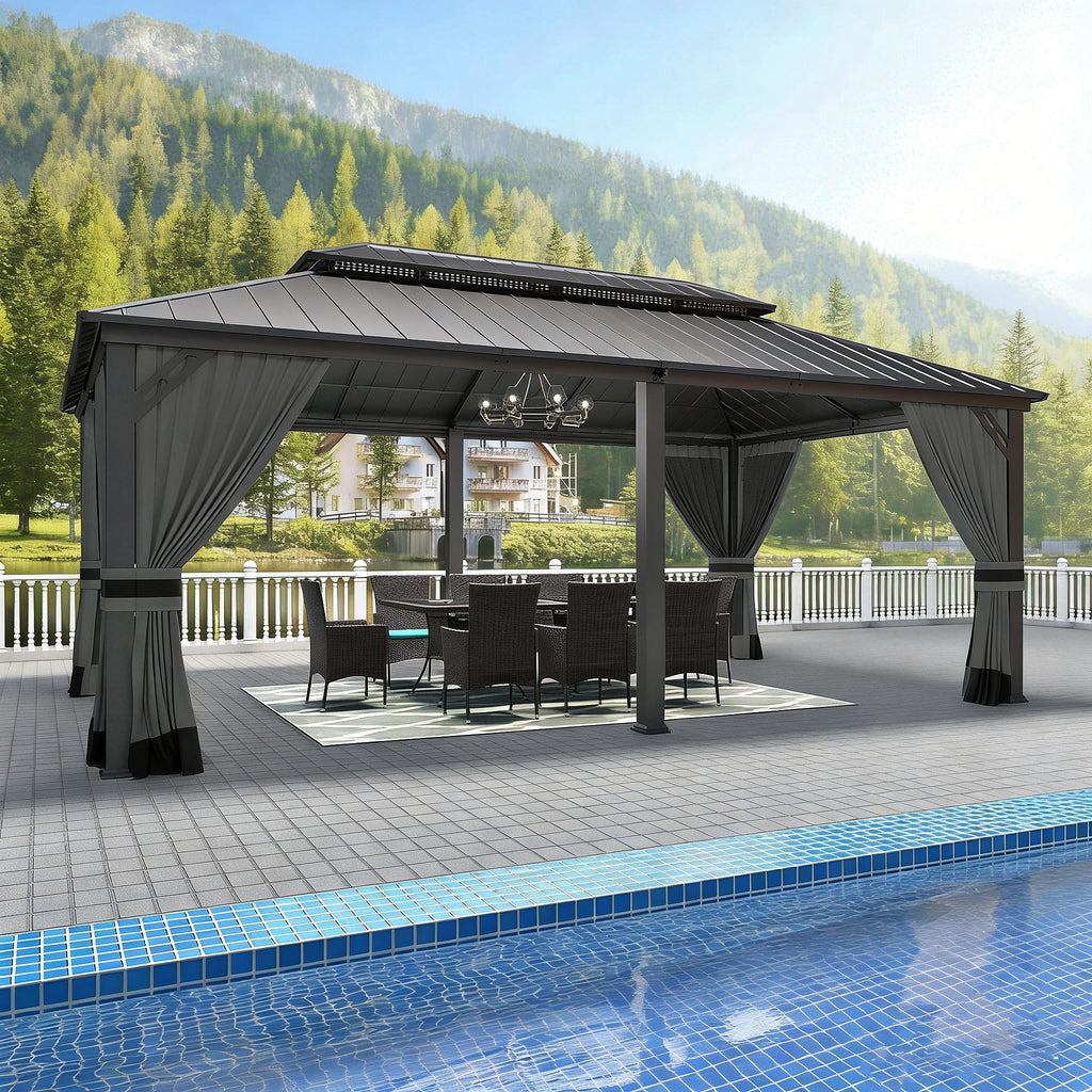 Gotland 12' x 20' Hardtop Gazebo, Outdoor Galvanized Steel Double-Roof Gazebo with Curtains and Netting for Patios, Gardens, and Lawns