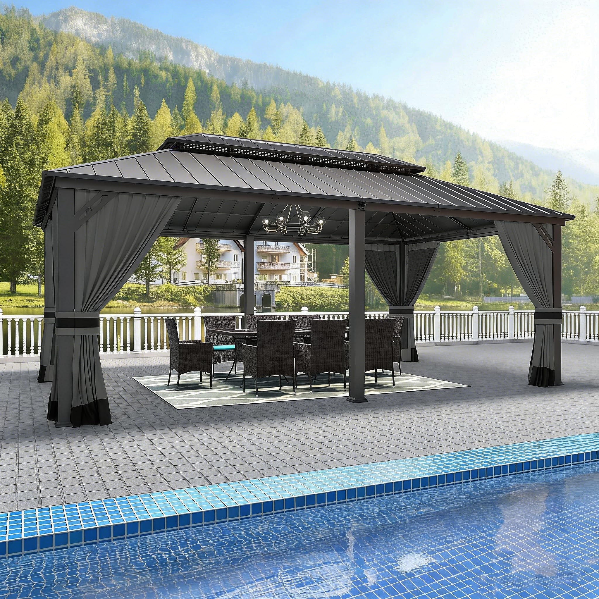 Gotland 12' x 20' Hardtop Gazebo, Outdoor Galvanized Steel Double-Roof Gazebo with Curtains and Netting for Patios, Gardens, and Lawns