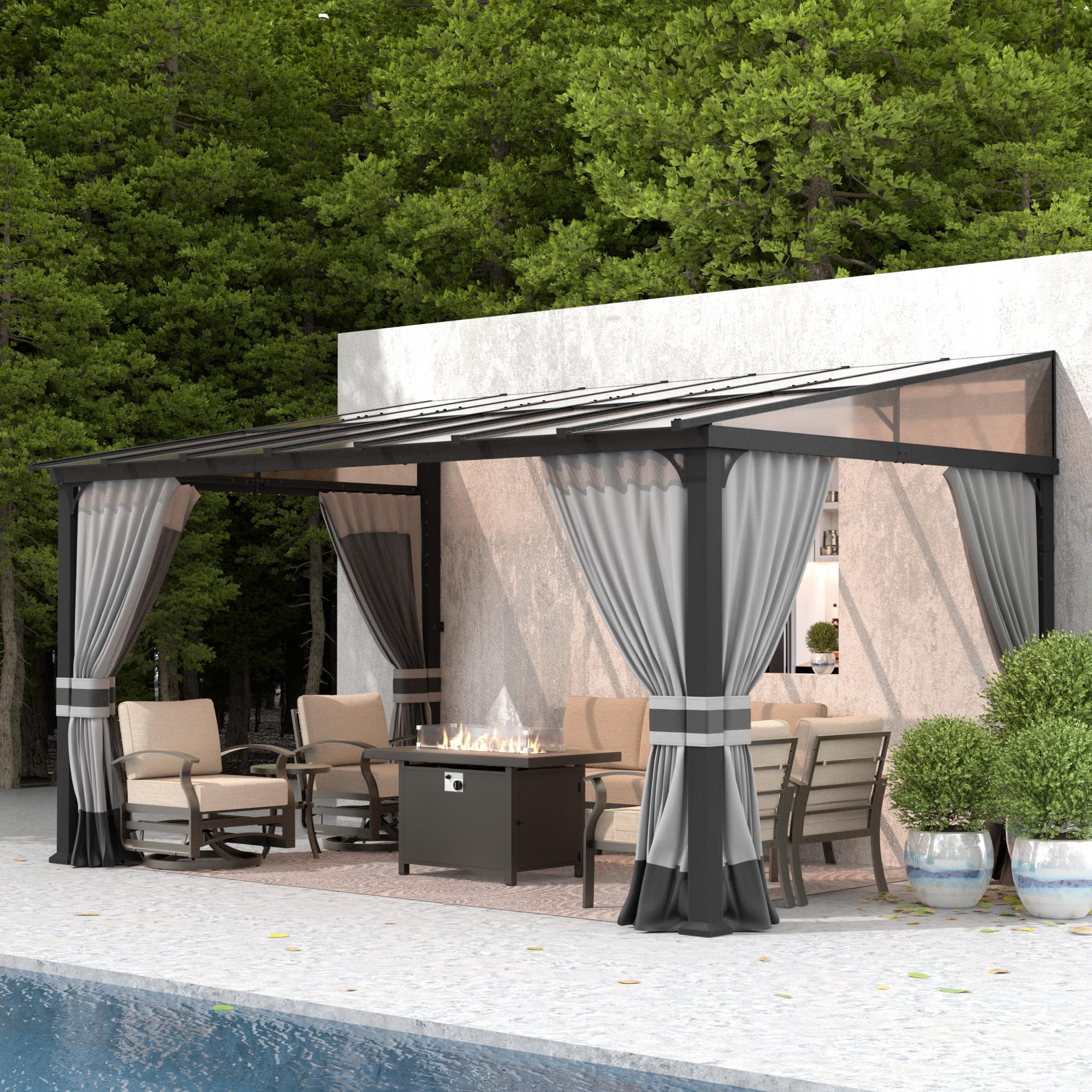 Gotland 10' × 14' Hardtop Gazebo for Patio,Wall-Mounted Lean to Gazebo Pergola with Sloping Roof and Durable Steel Frame,Large Heavy Duty Awnings for Decks,Backyard