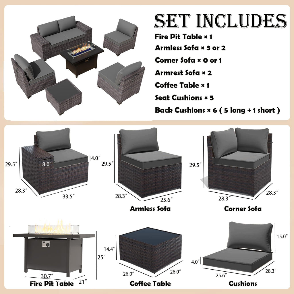 Gotland Outdoor Patio Furniture Set with 43" Propane Fire Pit Table, 7 Pieces Outdoor Furniture Patio Sectional Sofa Conversation Sets