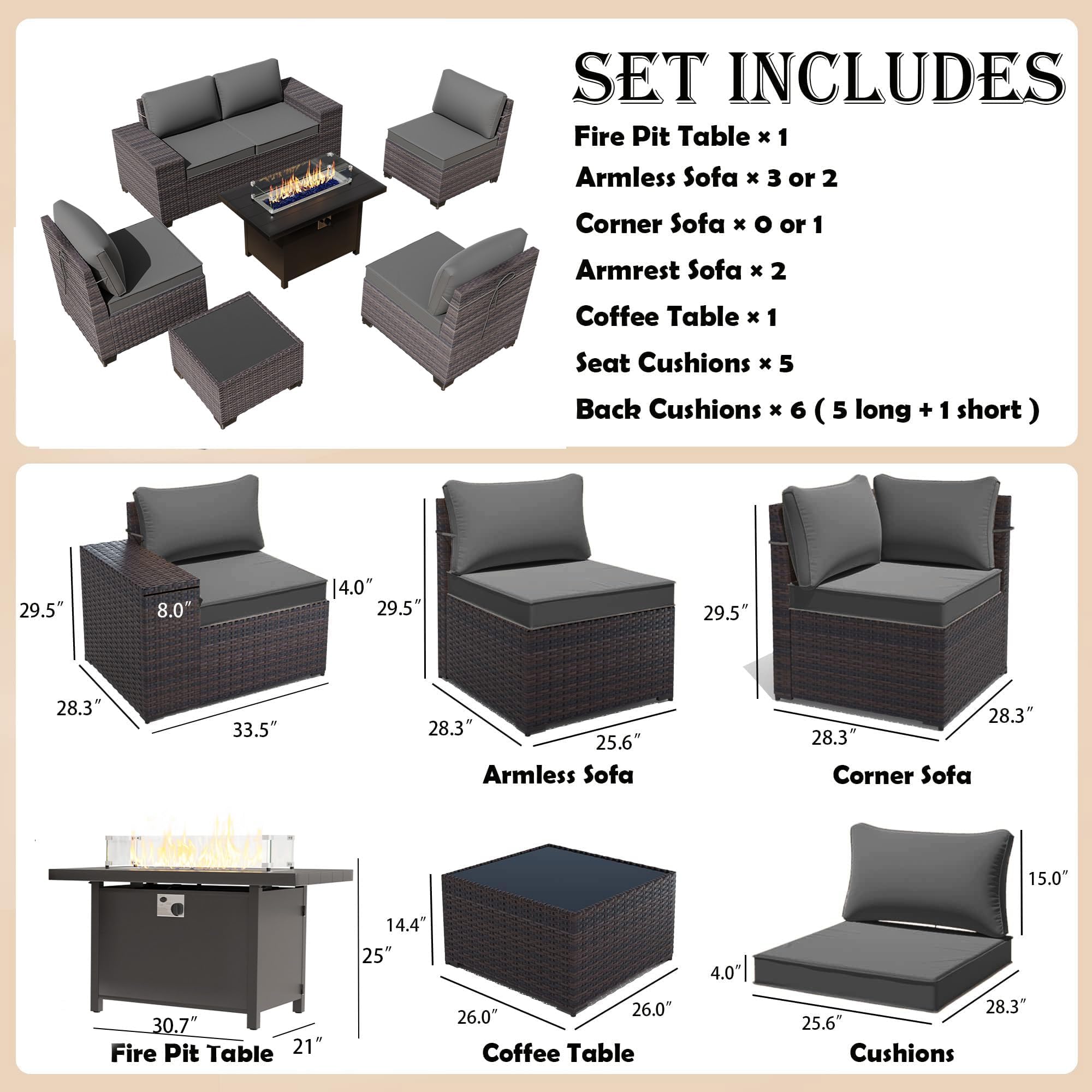 Gotland Outdoor Patio Furniture Set with 43" Propane Fire Pit Table, 7 Pieces Outdoor Furniture Patio Sectional Sofa Conversation Sets
