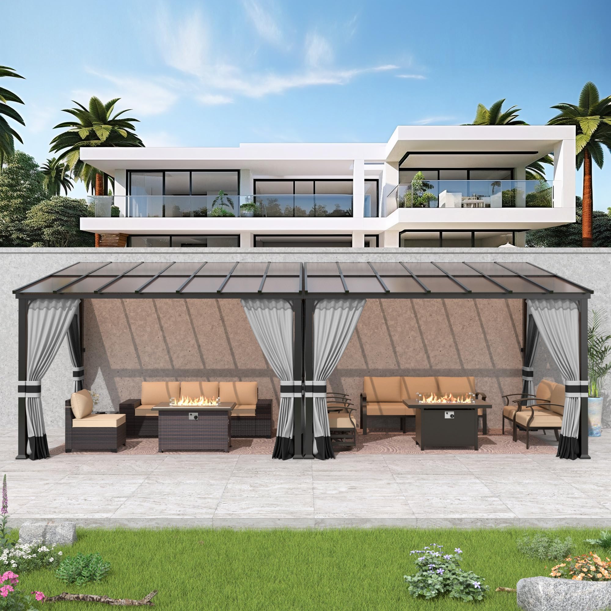 Gotland 10' × 24' Hardtop Gazebo for Patio,Wall-Mounted Lean to Gazebo Pergola with Sloping Roof and Durable Steel Frame,Large Heavy Duty Awnings for Decks,Backyard