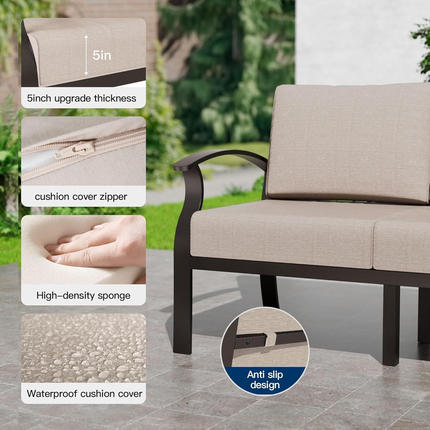 Gotland 10 PieceAluminum Patio Furniture Set,Modern Metal Outdoor Patio Furniture w/5.1'' Thick Cushion,Swivel Chairs and Rectangular Coffee Table,Patio Conversation Sets for Porch,Deck