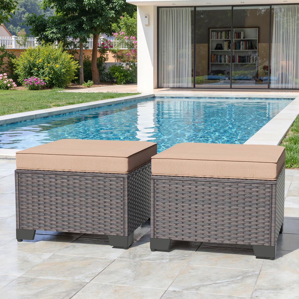 Gotland 2 Pieces All Weather PE Rattan Outdoor Ottoman Foot Stool with Thick Removable Navy Cushion for Backyard, Deck, Porch & Poolside