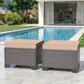 Gotland 2 Pieces All Weather PE Rattan Outdoor Ottoman Foot Stool with Thick Removable Navy Cushion for Backyard, Deck, Porch & Poolside