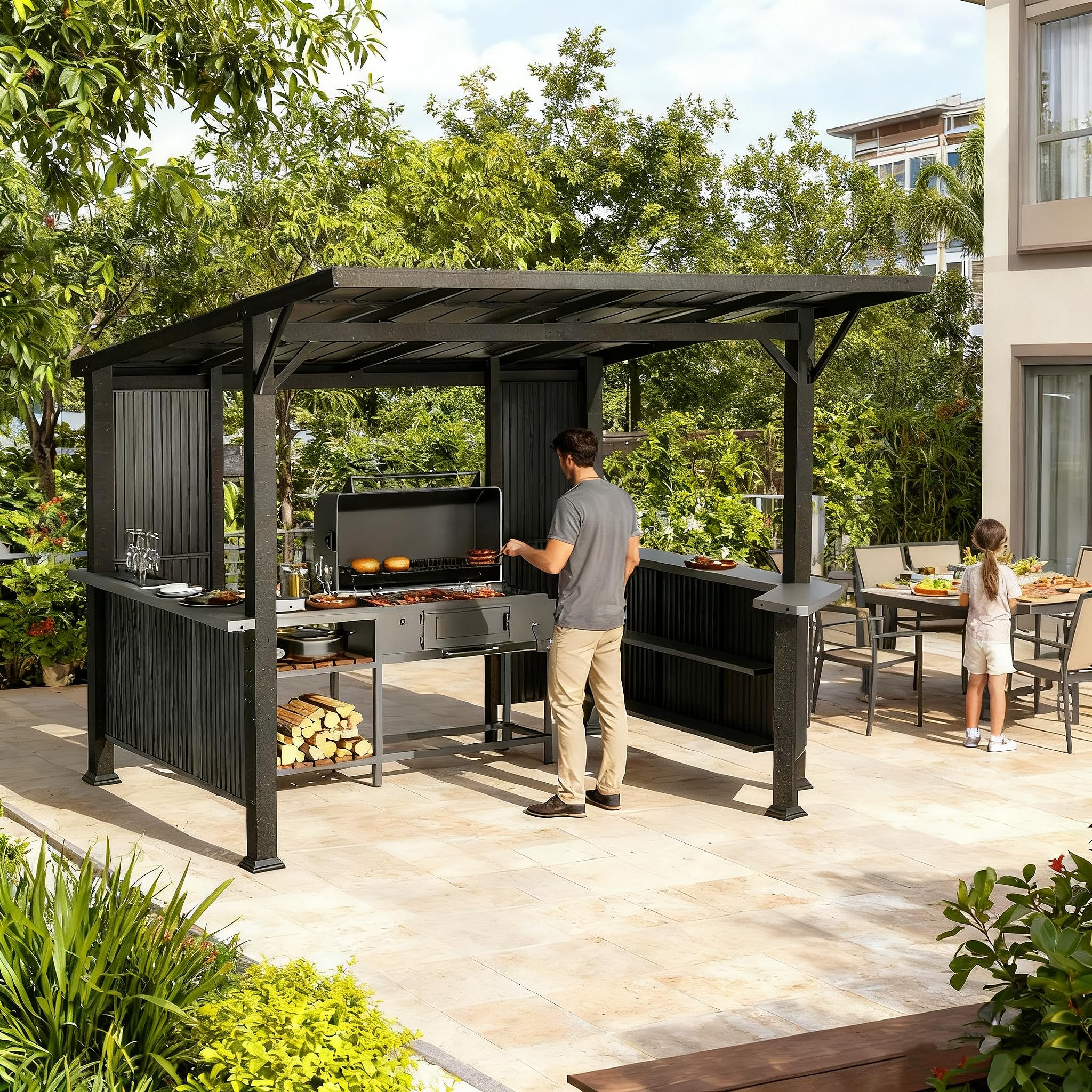 Kullavik Hardtop Gazebo for Patio,Wall-Mounted Lean to Gazebo Pergola with Sloping Roof and Durable Aluminum Frame, Large Heavy Duty Awnings for Decks,Backyard