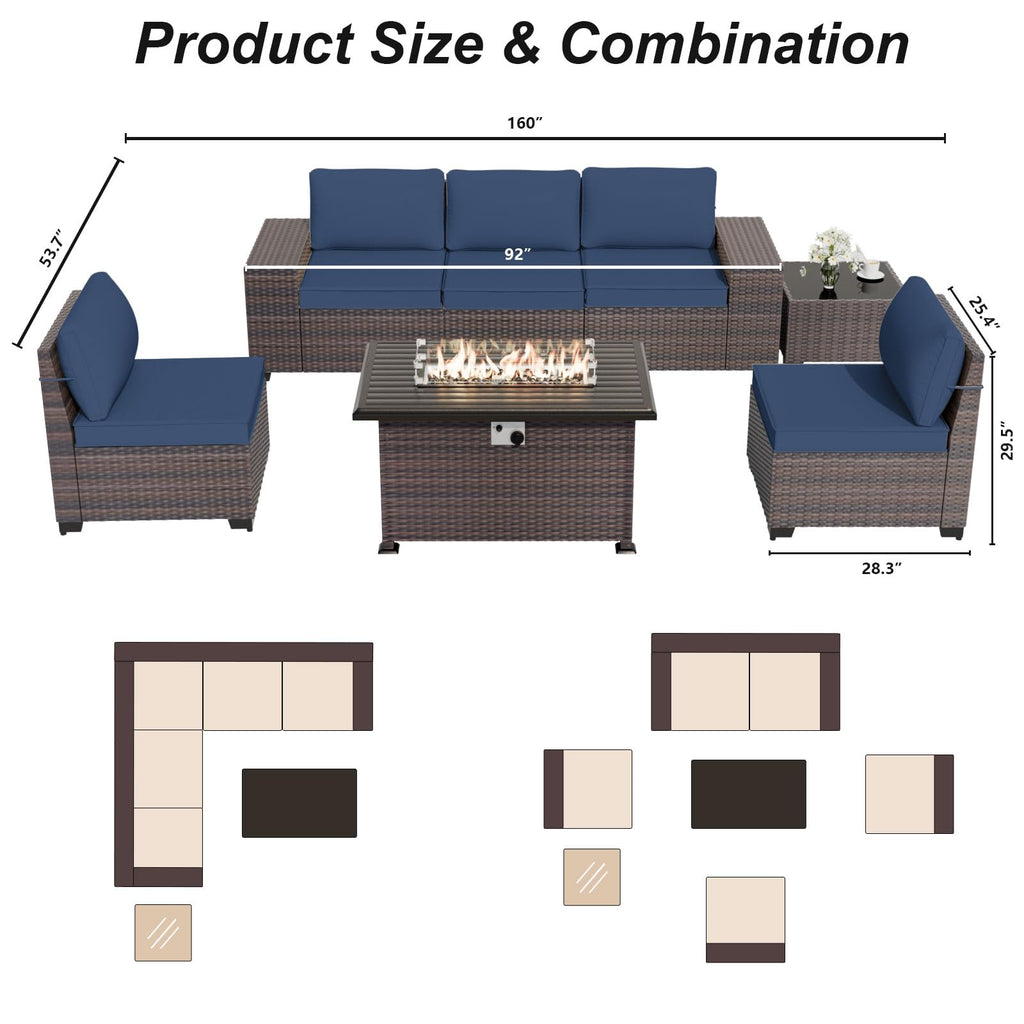 7 Pieces Outdoor Patio Furniture Set with 43" 55000BTU Gas Propane Fire Pit Table PE Wicker Rattan Sectional Sofa Patio Conversation Sets