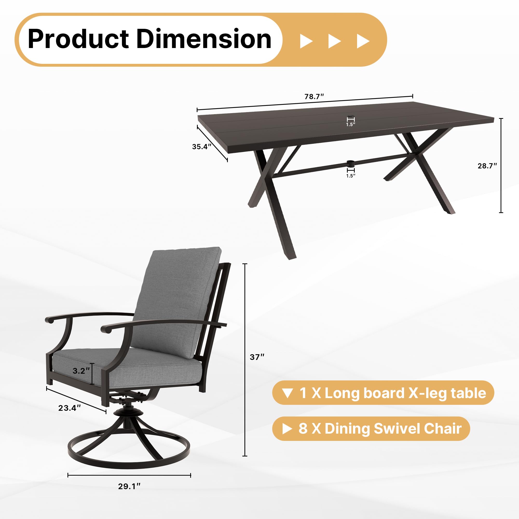 Gotland 9 Piece Outdoor Dining Set, Metal Outdoor Table and 8 Swivel Chairs , Patio Furniture Set with Waterproof Cushions, Patio Dining Sets for Backyard Deck