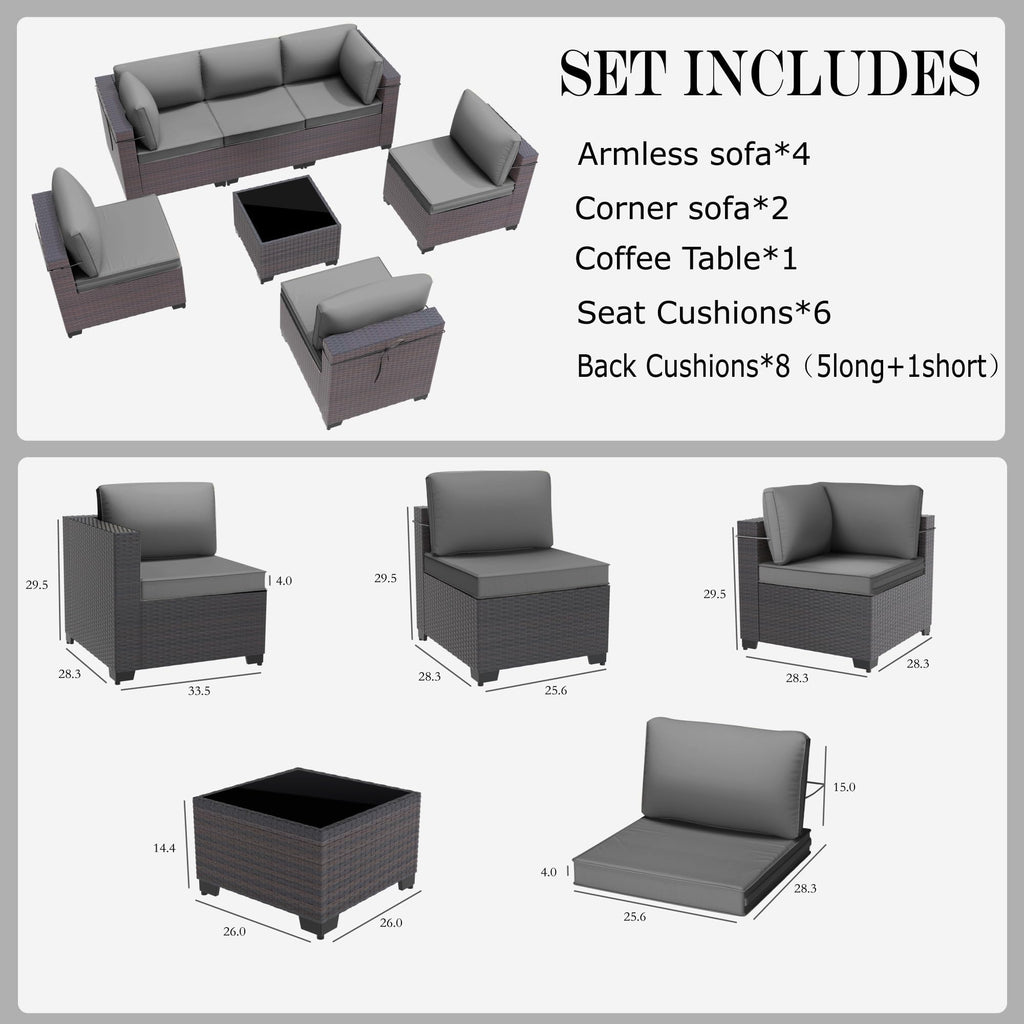 Gotland 7 Piece Outdoor Patio Furniture Sets, Outdoor Furniture Patio Sectional Sofa, All Weather Woven Wicker Patio Sofa Brown PE Rattan Patio Conversation Set