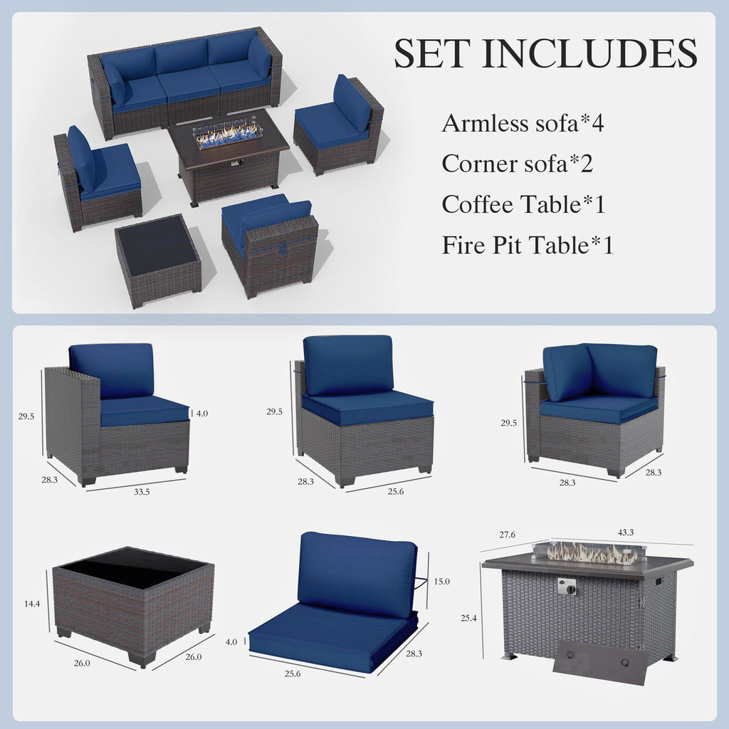 Gotland 8 Pieces Outdoor Patio Furniture Set with 43" Propane Fire Pit Table, PE Rattan Patio Conversation Set