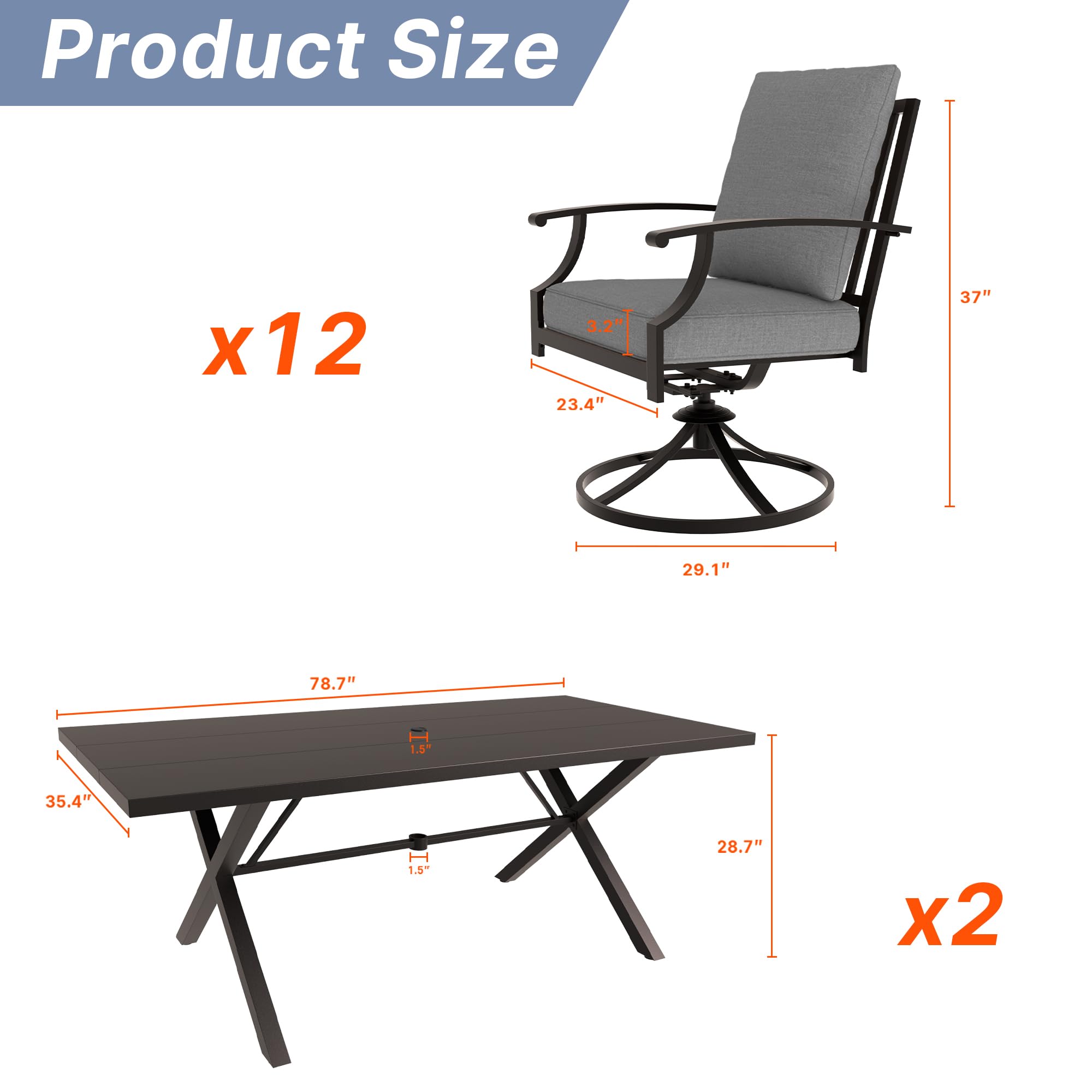 Gotland 14 Piece Outdoor Dining Set, Metal patio tables and 12 patio swivel chairs 1.5" Umbrella Hole, Patio Furniture Set with Waterproof Cushions for Backyard