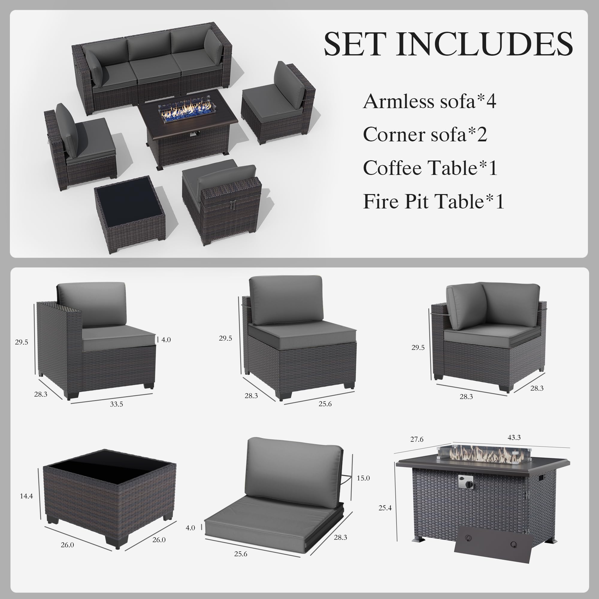 Gotland 8 Pieces Outdoor Patio Furniture Set with 43" Propane Fire Pit Table, PE Rattan Patio Conversation Set