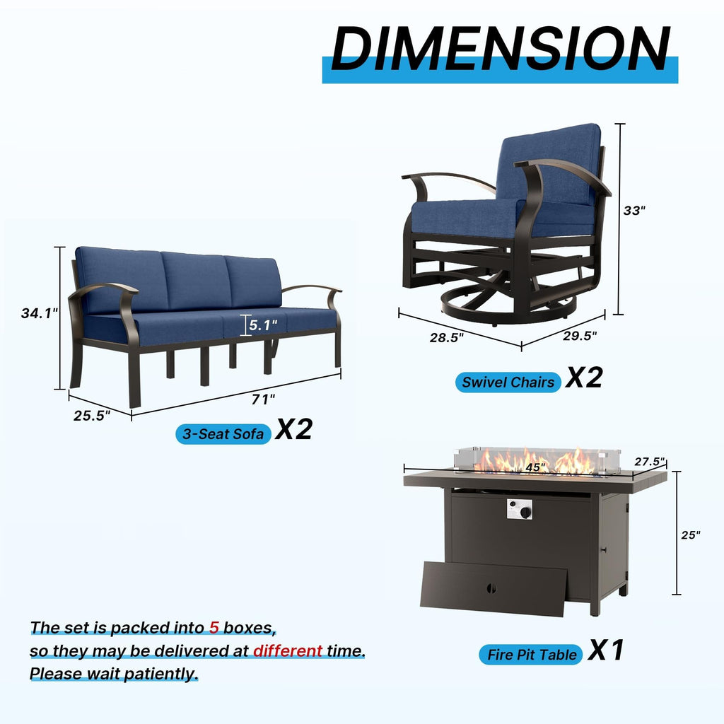 Gotland 8 Seats Outdoor Metal Patio Furniture Set with 2 Swivel Rocking Chairs&55,000 BTU Gas Fire Pit Table w/Glass Wind Guard Patio Conversation Sectional Sofa Sets