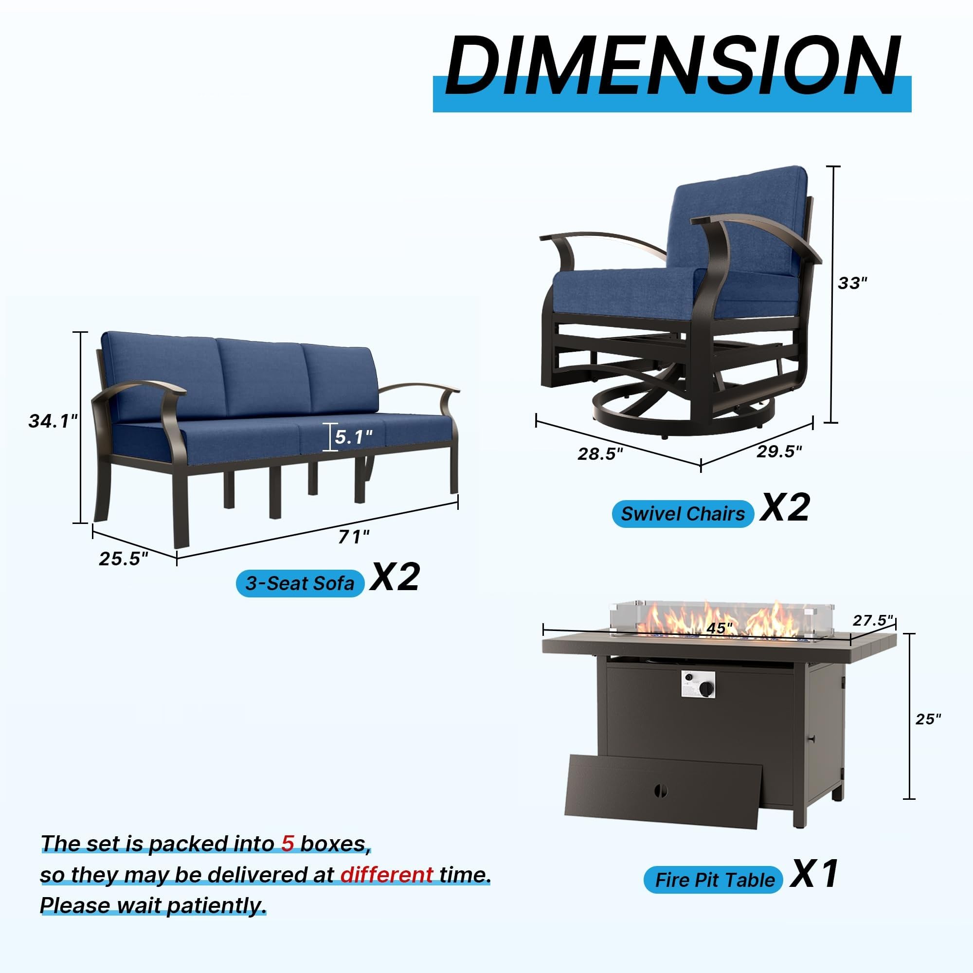 Gotland 8 Seats Outdoor Metal Patio Furniture Set with 2 Swivel Rocking Chairs&55,000 BTU Gas Fire Pit Table w/Glass Wind Guard Patio Conversation Sectional Sofa Sets