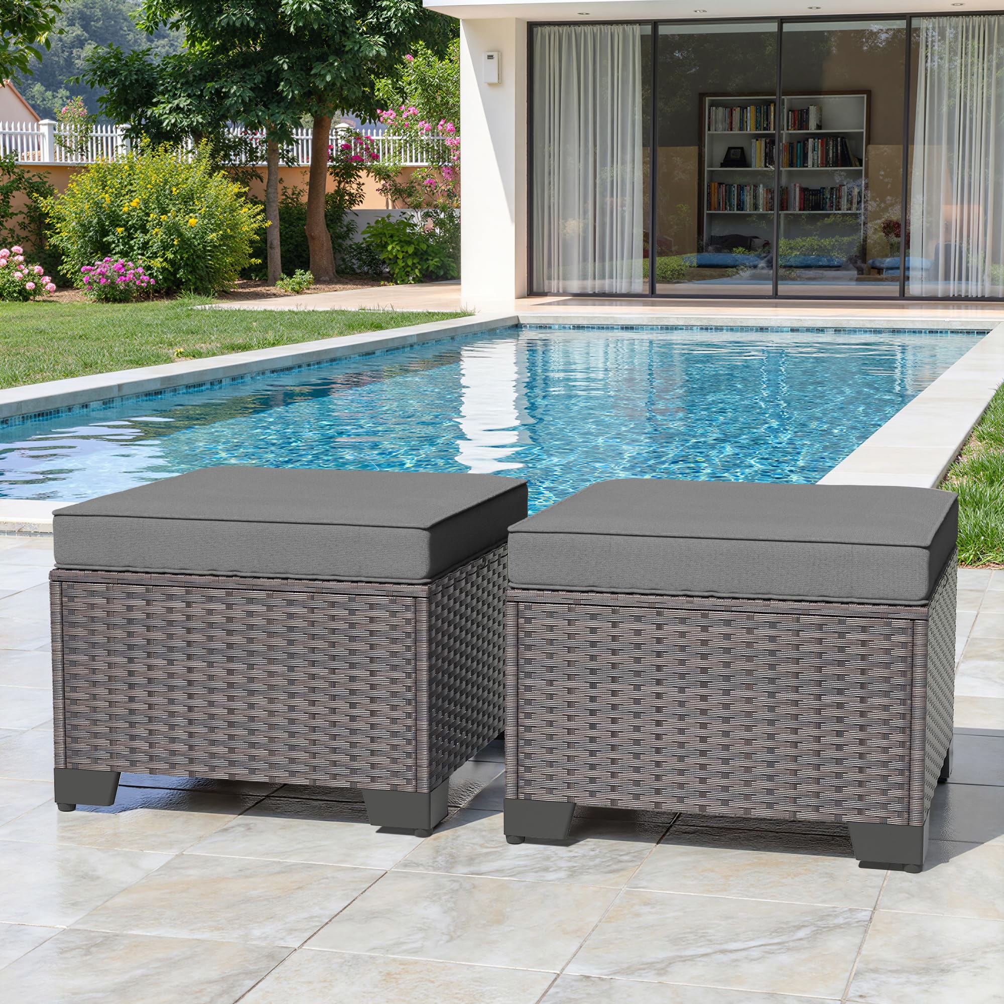 Gotland 2 Pieces All Weather PE Rattan Outdoor Ottoman Foot Stool with Thick Removable Navy Cushion for Backyard, Deck, Porch & Poolside