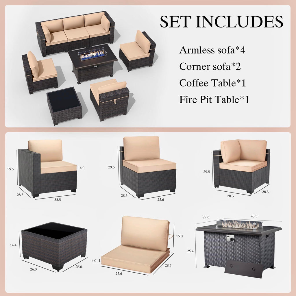 Gotland 8 Pieces Outdoor Patio Furniture Set with 43" Propane Fire Pit Table, PE Rattan Patio Conversation Set