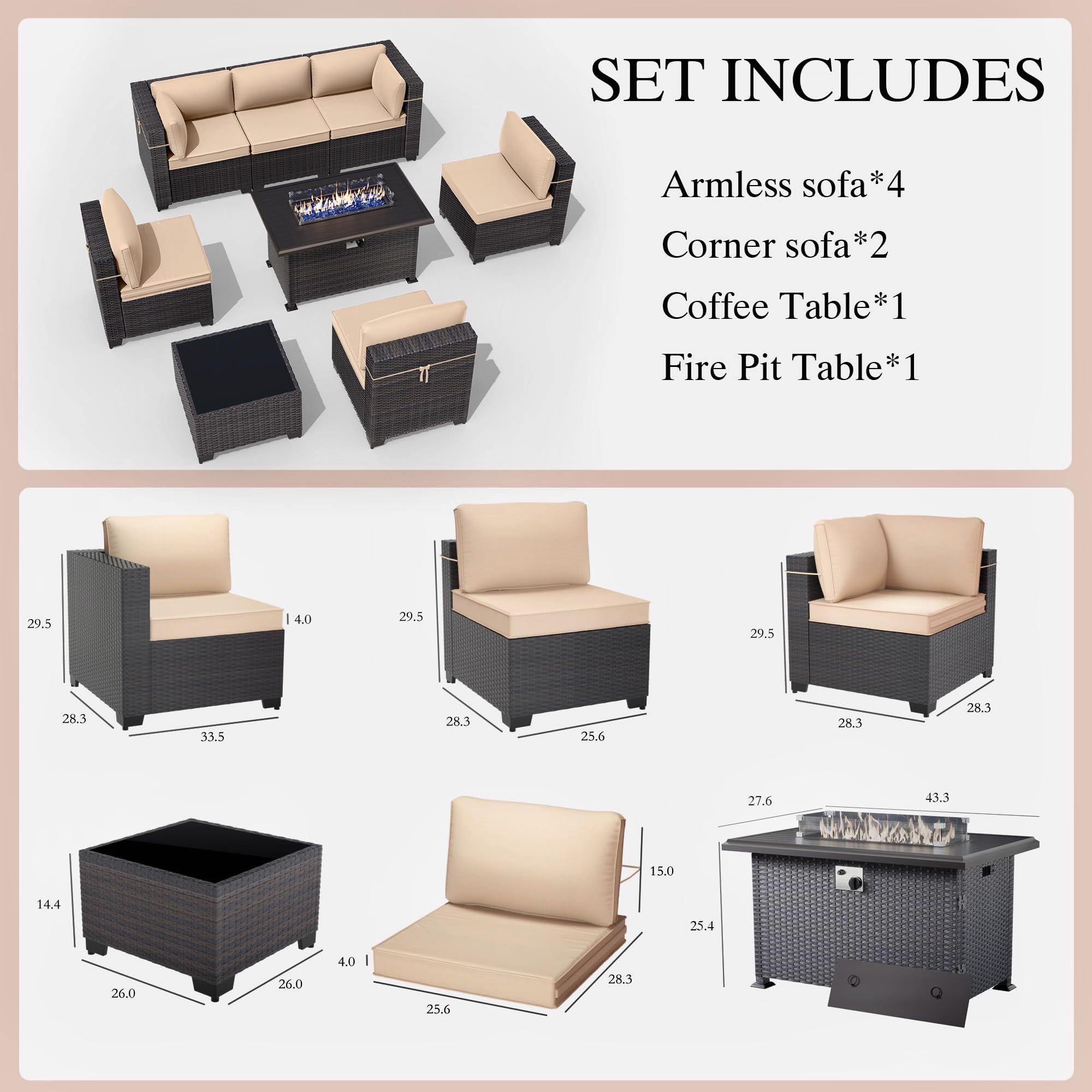 Gotland 8 Pieces Outdoor Patio Furniture Set with 43" Propane Fire Pit Table, PE Rattan Patio Conversation Set
