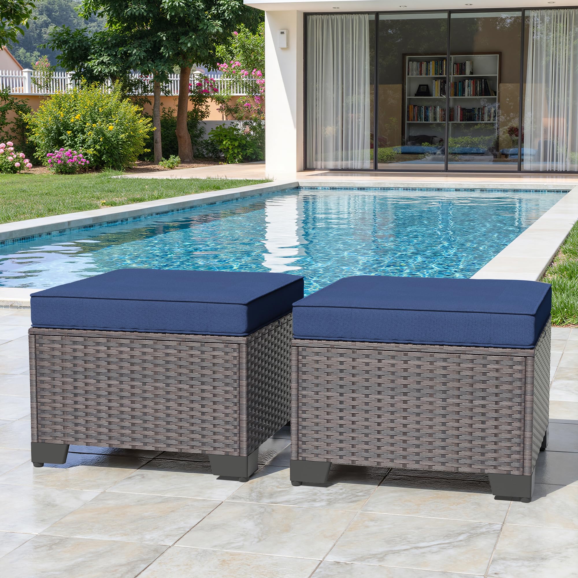 Gotland 2 Pieces All Weather PE Rattan Outdoor Ottoman Foot Stool with Thick Removable Navy Cushion for Backyard, Deck, Porch & Poolside