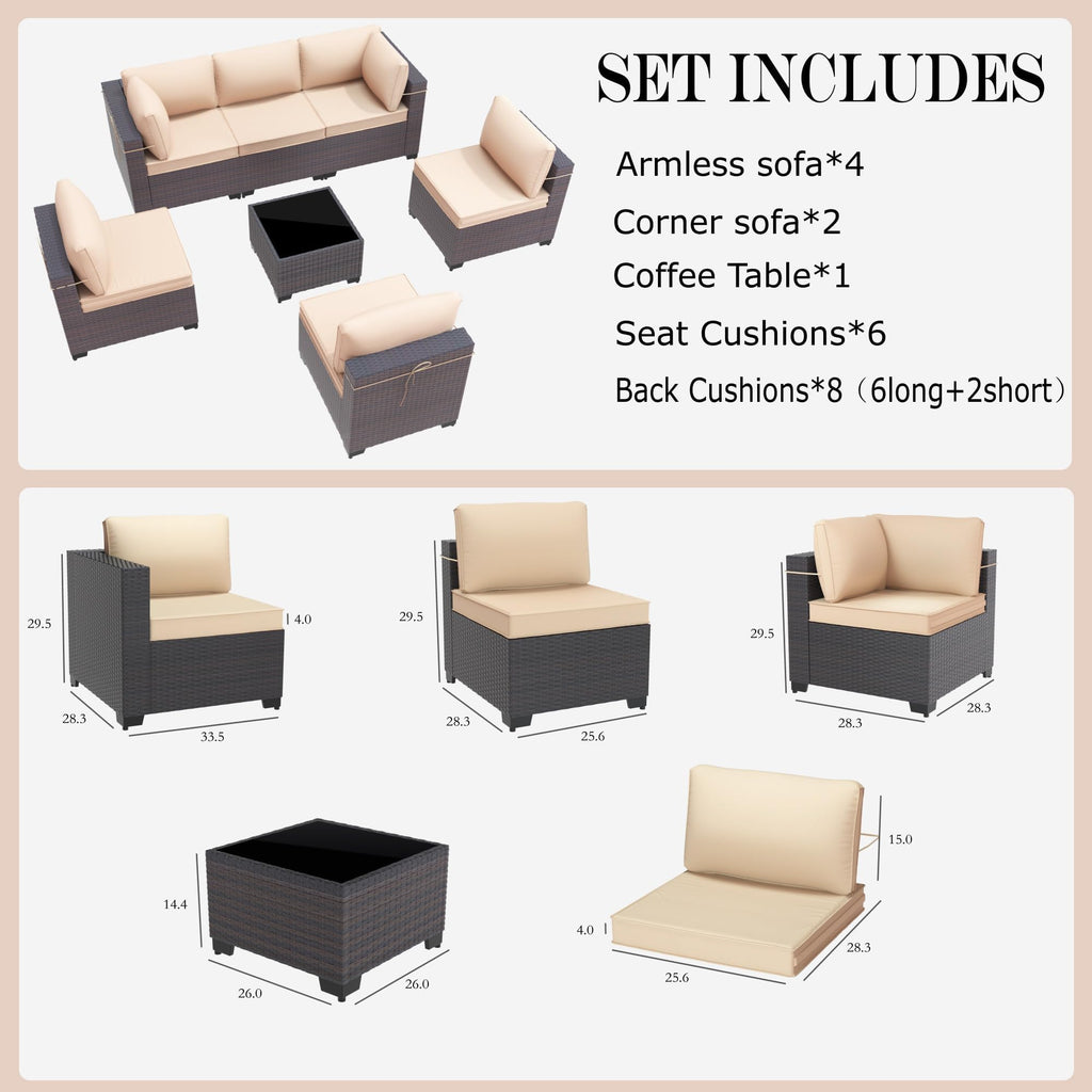 Gotland 7 Piece Outdoor Patio Furniture Sets, Outdoor Furniture Patio Sectional Sofa, All Weather Woven Wicker Patio Sofa Brown PE Rattan Patio Conversation Set