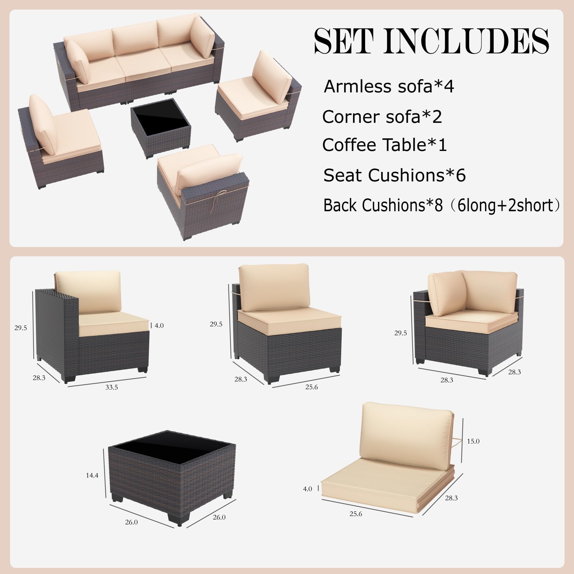 Gotland 7 Piece Outdoor Patio Furniture Sets, Outdoor Furniture Patio Sectional Sofa, All Weather Woven Wicker Patio Sofa Brown PE Rattan Patio Conversation Set