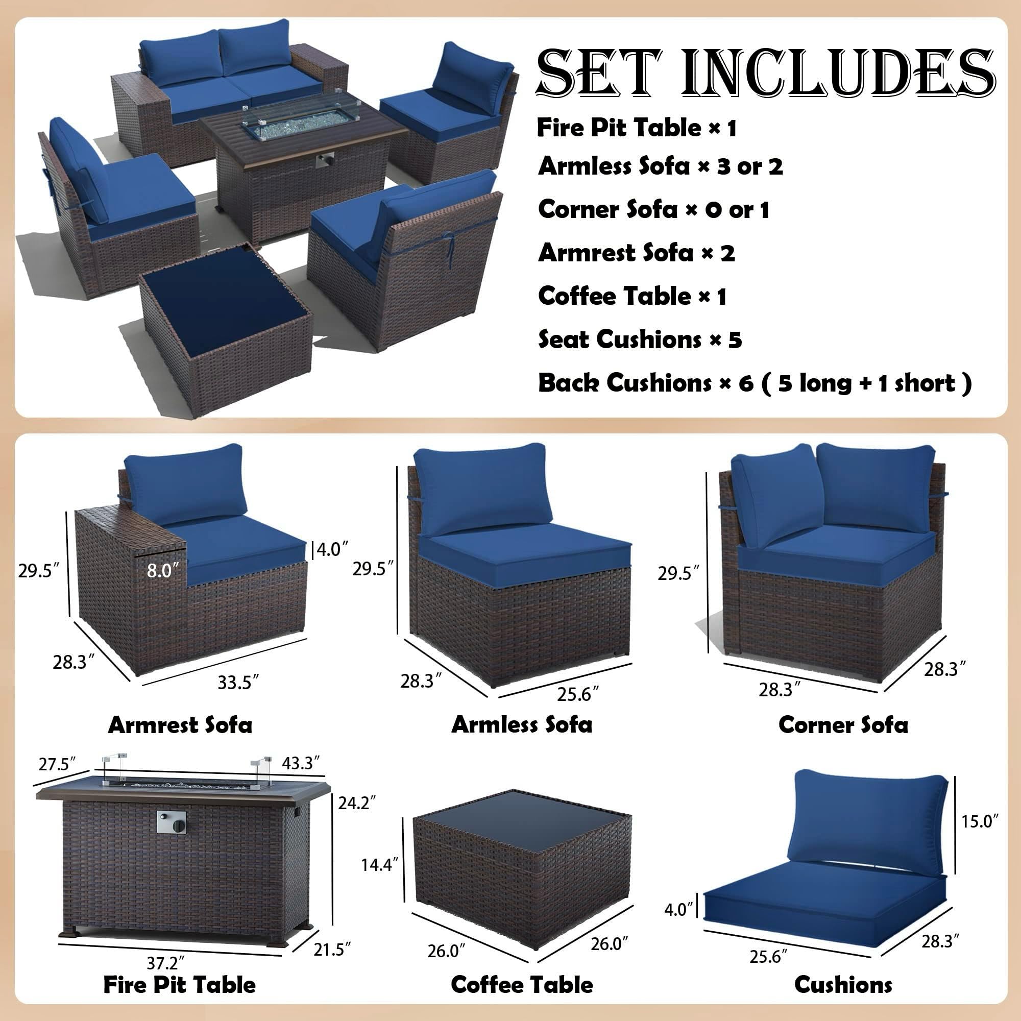 Gotland Outdoor Patio Furniture Set with 43" Propane Fire Pit Table, 7 Pieces Outdoor Furniture Patio Sectional Sofa Conversation Sets