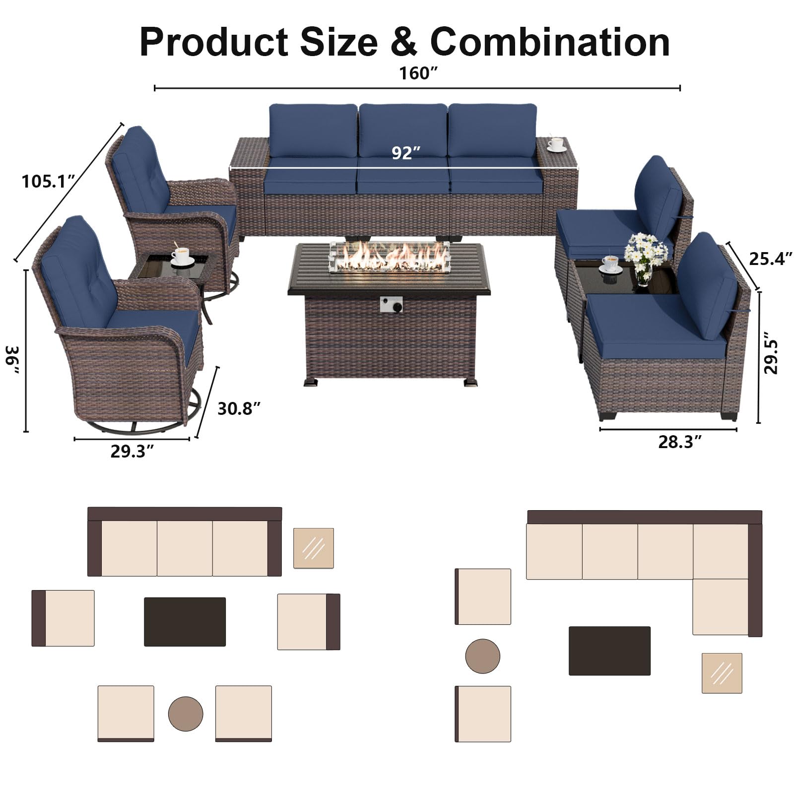 10PCS Outdoor Patio Furniture Set,PE Wicker Rattan Sectional Sofa Patio Conversation Sets with 43" 55000BTU Gas Propane Fire Pit Table,Swivel Rocking Chairs Set