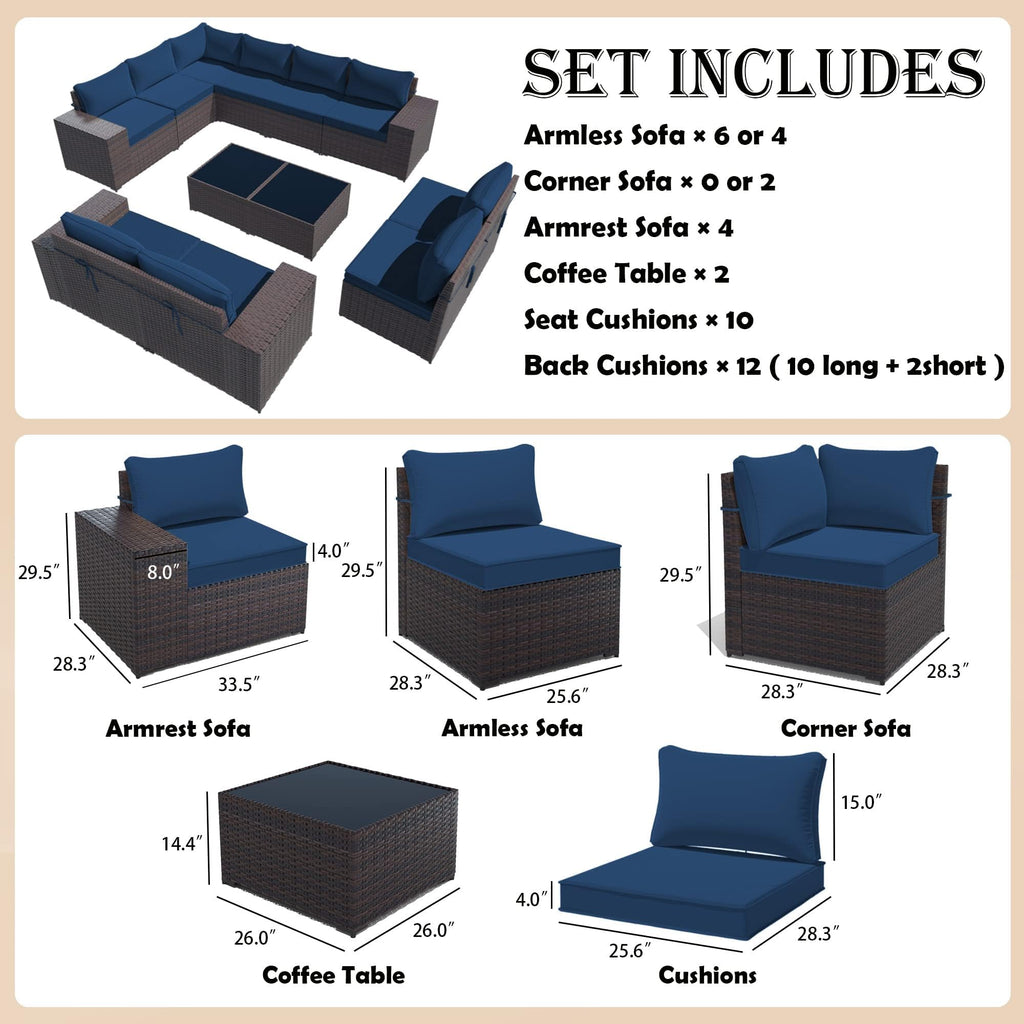 Gotland Outdoor Patio Furniture Sectional Conversation Set 12Pcs Rattan Wicker 10 Cushion Table