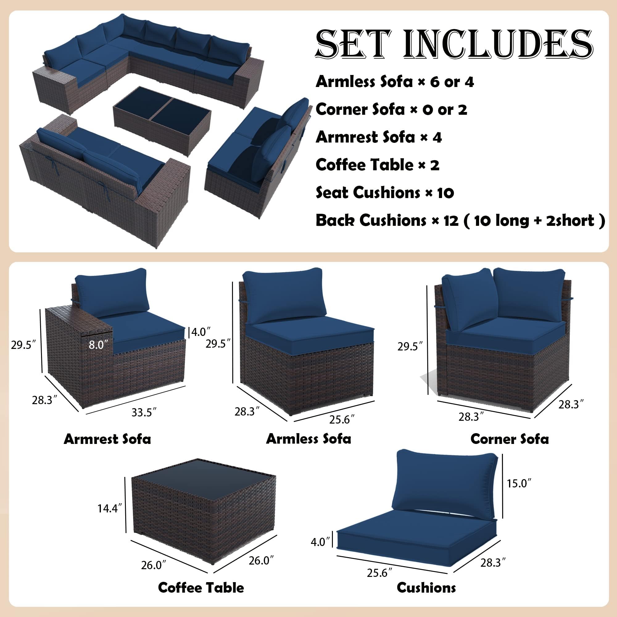 Gotland Outdoor Patio Furniture Sectional Conversation Set 12Pcs Rattan Wicker 10 Cushion Table