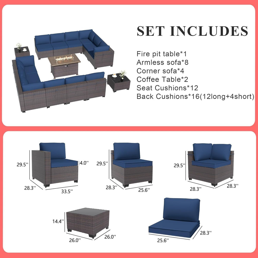 Gotland 15 Pieces Outdoor Patio Furniture Set with Propane Fire Pit Table Outdoor Sectional Sofa