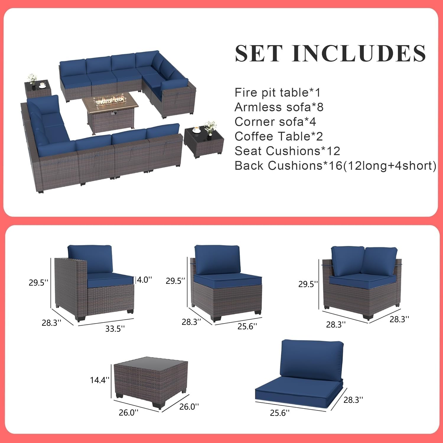 Gotland 15 Pieces Outdoor Patio Furniture Set with Propane Fire Pit Table Outdoor Sectional Sofa