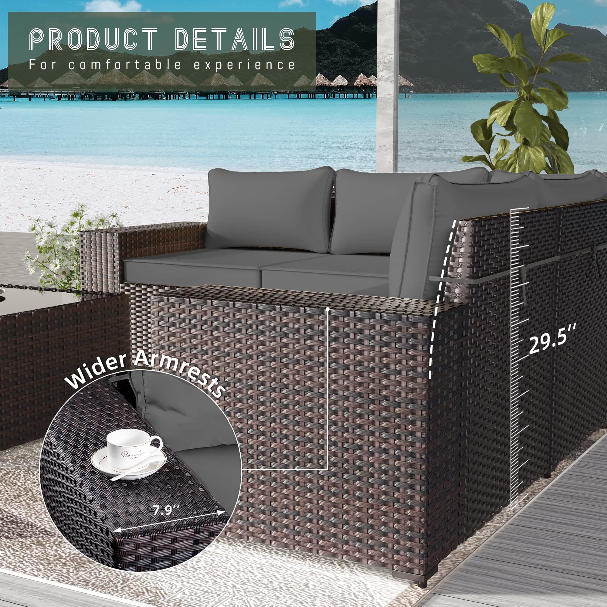 Gotland 8PCS Outdoor Patio Furniture Set, Outdoor Sectional Furniture All Weather PE Rattan Wicker Patio Conversation Set with 2 Ottomans and Coffee Table