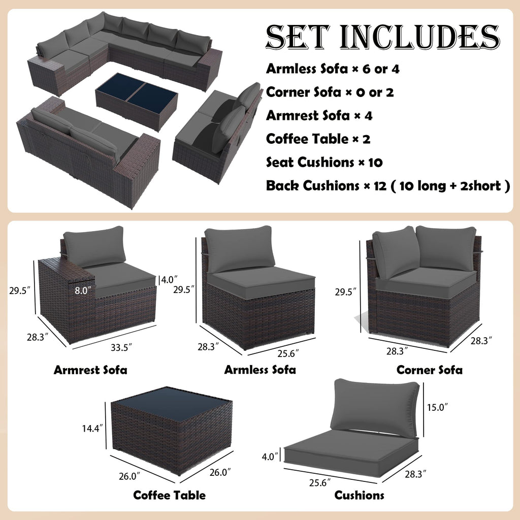 Gotland Outdoor Patio Furniture Sectional Conversation Set 12Pcs Rattan Wicker 10 Cushion Table